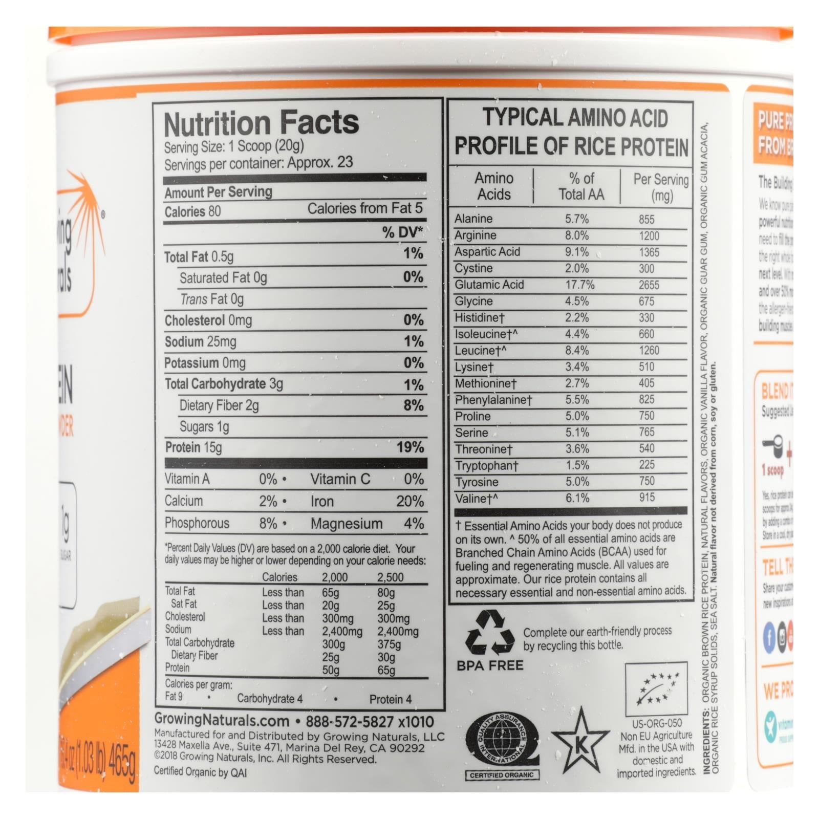 Proteína de arroz crudo orgánico Growing Naturals - Vainilla - 16.4 oz 