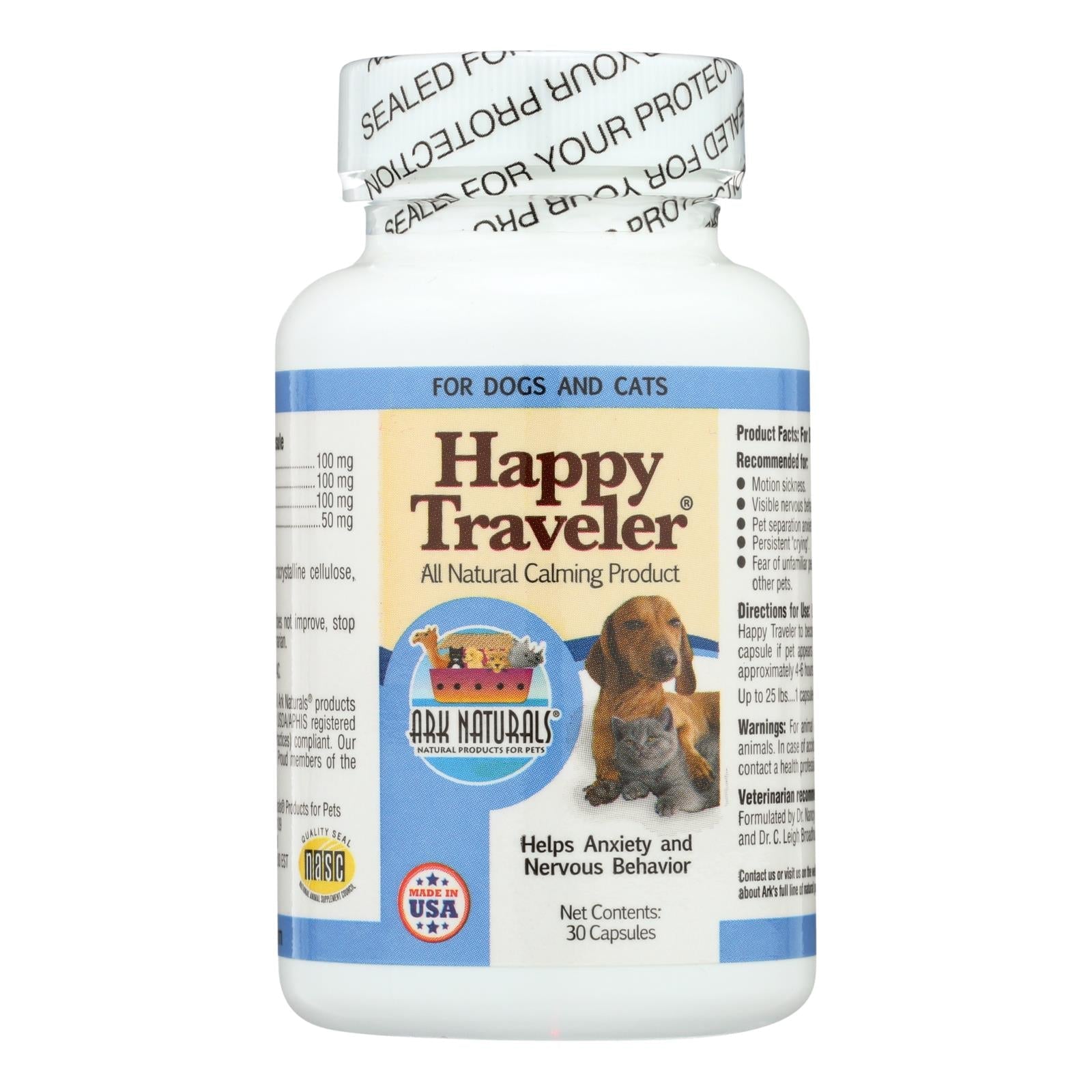 Ark Naturals Happy Traveler - Alimento calmante para perros y gatos - 30 cápsulas