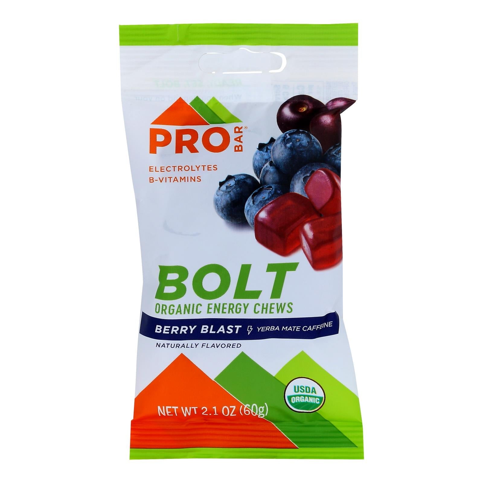 Masticables energéticos Pro Bar Bolt - Explosión de frutos rojos orgánicos - 2.1 oz - Caja de 12