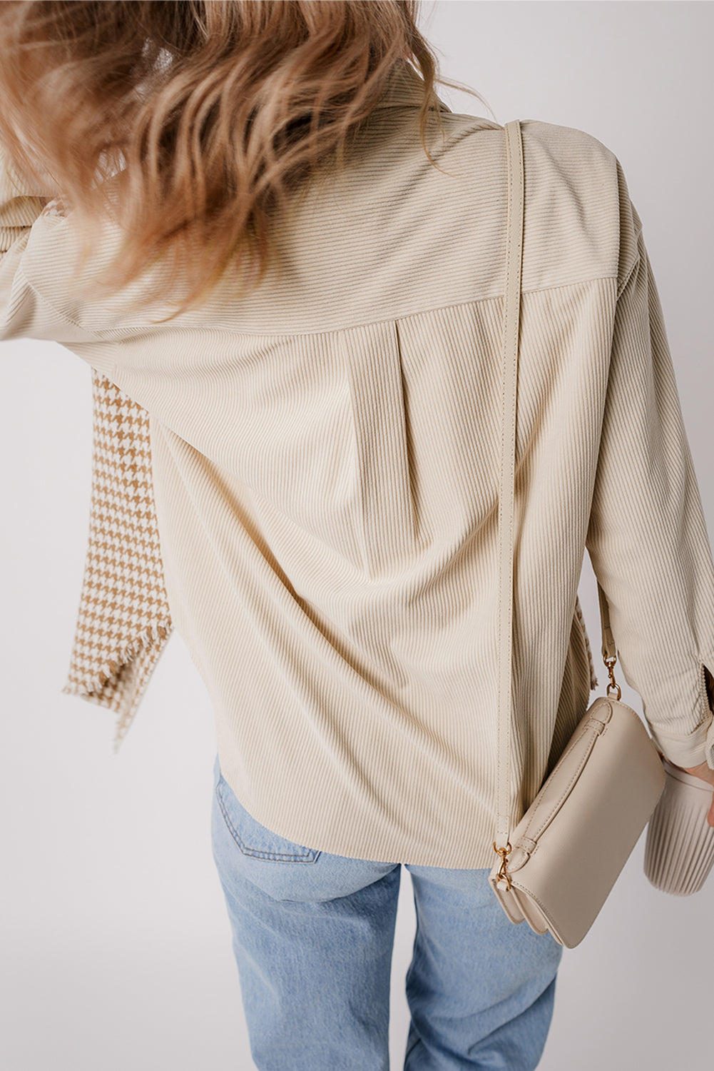 Long-Sleeve Corduroy Button-Down Shirt with Houndstooth