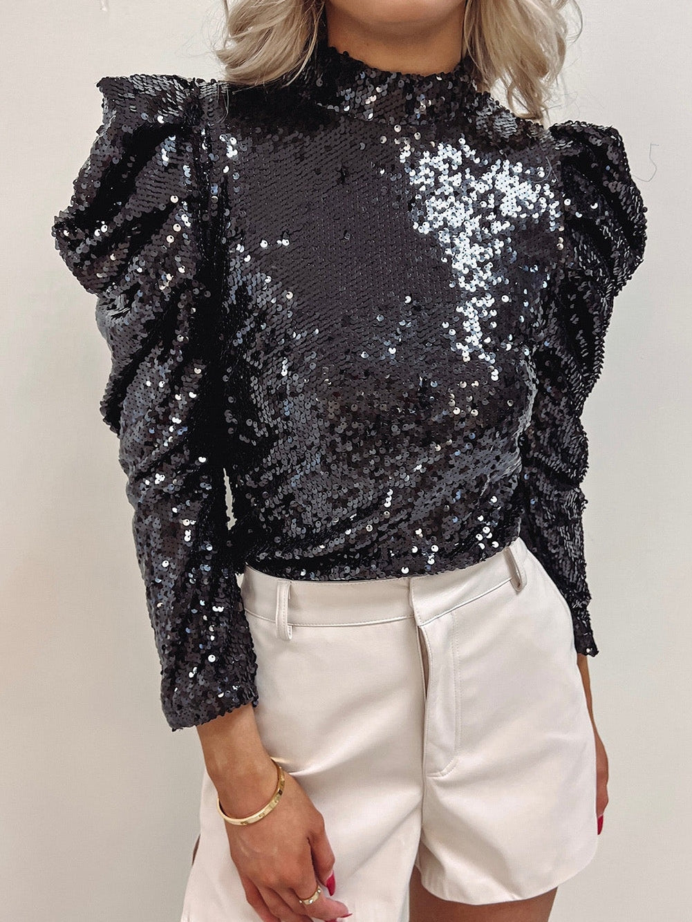 Mock Neck Sequin Top with Puff Sleeves