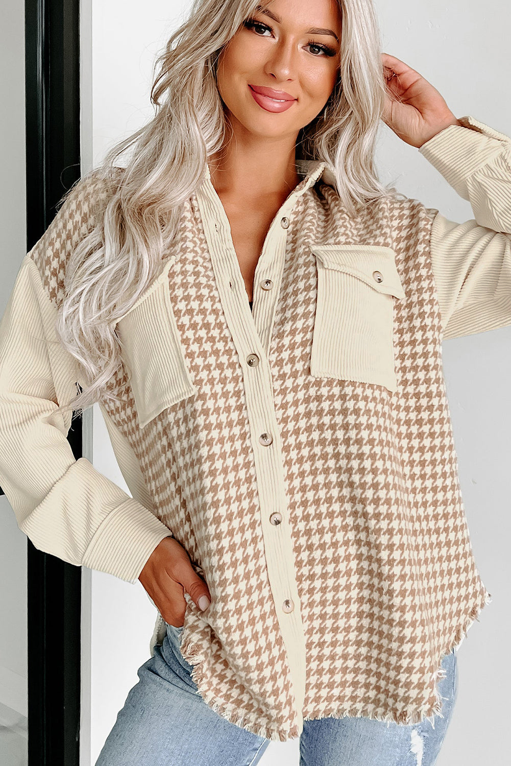 Long-Sleeve Corduroy Button-Down Shirt with Houndstooth