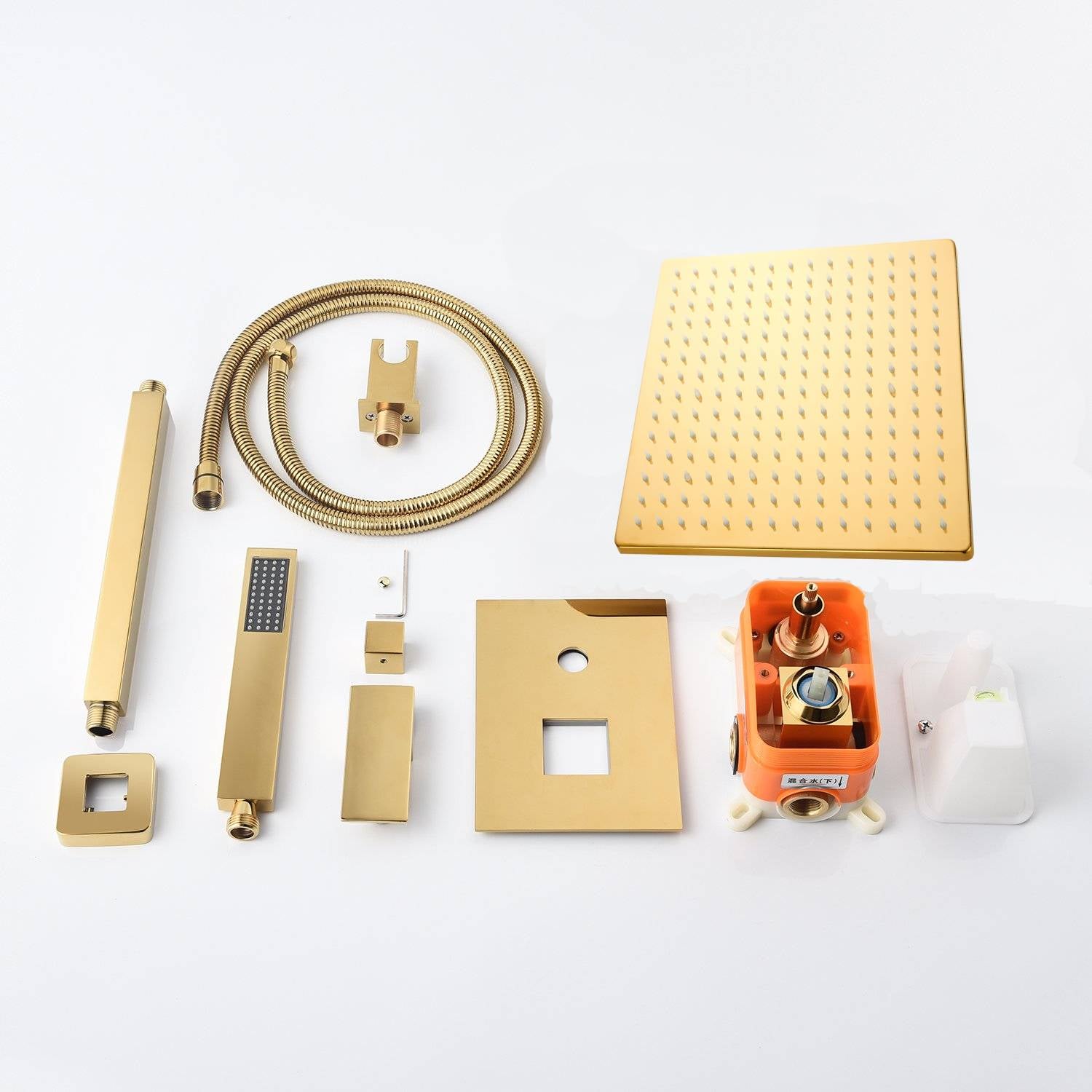 Sistema de ducha de techo de 2 vías con LED que cambia de color, de 12 o 16 pulgadas, en dorado pulido. Incluye cuerpo de válvula y moldura empotrables