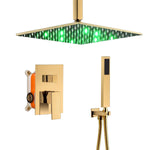 Sistema de ducha de techo de 2 vías con LED que cambia de color, de 12 o 16 pulgadas, en dorado pulido. Incluye cuerpo de válvula y moldura empotrables
