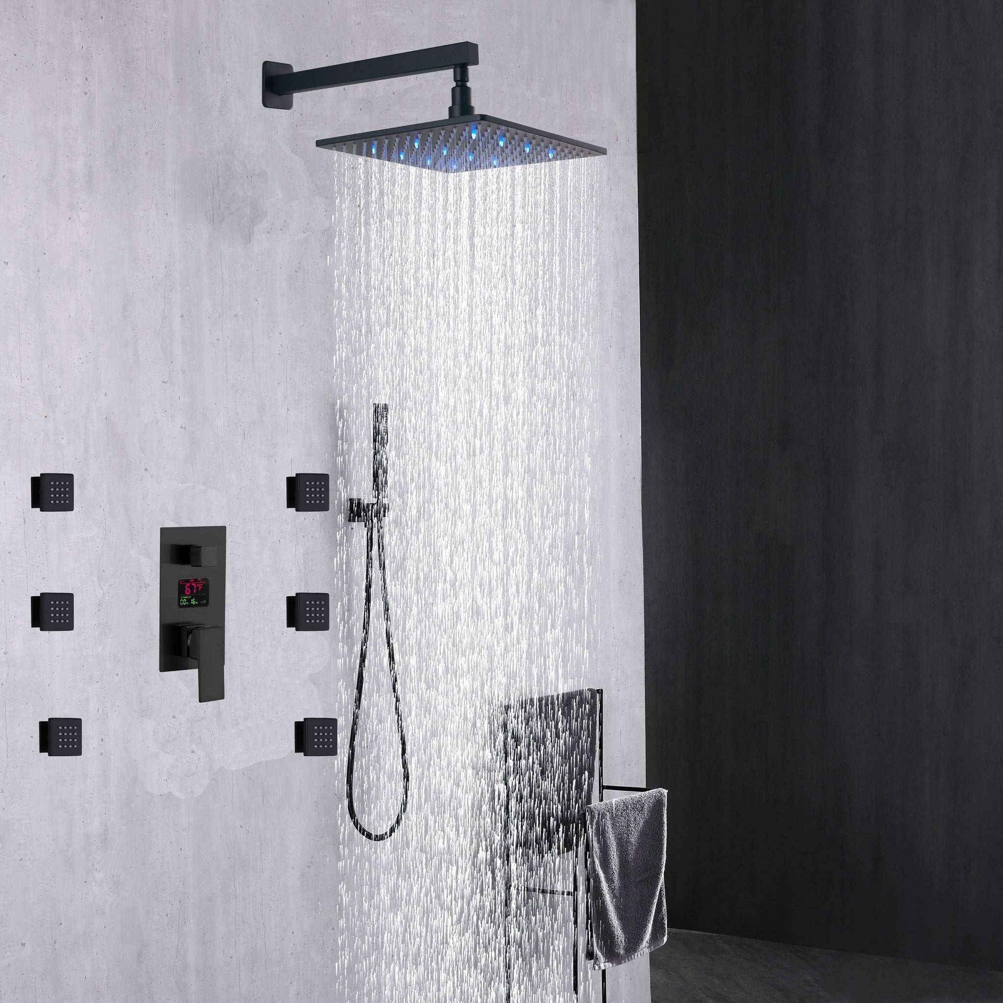 Duchas de lluvia negras mate de 12 o 16 pulgadas con válvula de pantalla digital antiescaldaduras de 3 vías, moldura y 6 chorros corporales