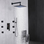 Duchas de lluvia negras mate de 12 o 16 pulgadas con válvula de pantalla digital antiescaldaduras de 3 vías, moldura y 6 chorros corporales