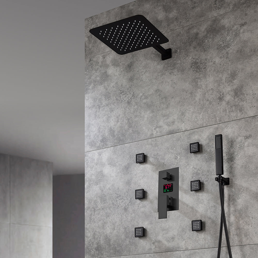 Duchas de lluvia negras mate de 12 o 16 pulgadas con válvula de pantalla digital antiescaldaduras de 3 vías, moldura y 6 chorros corporales