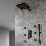 Duchas de lluvia negras mate de 12 o 16 pulgadas con válvula de pantalla digital antiescaldaduras de 3 vías, moldura y 6 chorros corporales