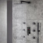 Duchas de lluvia negras mate de 12 o 16 pulgadas con válvula de pantalla digital antiescaldaduras de 3 vías, moldura y 6 chorros corporales