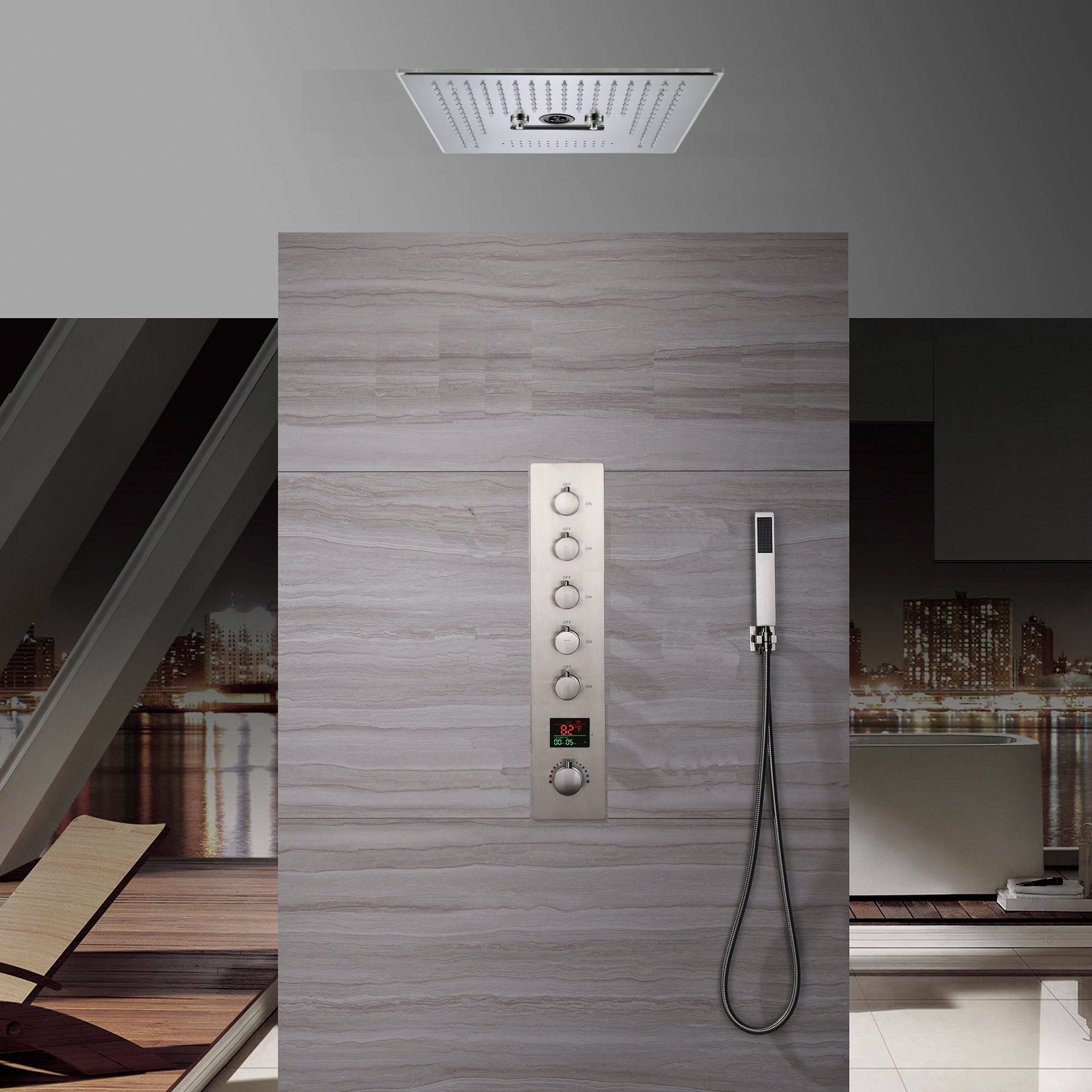 Sistema de ducha termostático digital de 5 posiciones con efecto lluvia, cascada y masaje con agua, de níquel cepillado, de 16 pulgadas, con 64 luces LED e integración de música por Bluetooth