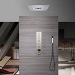 Sistema de ducha termostático digital de 5 posiciones con efecto lluvia, cascada y masaje con agua, de níquel cepillado, de 16 pulgadas, con 64 luces LED e integración de música por Bluetooth