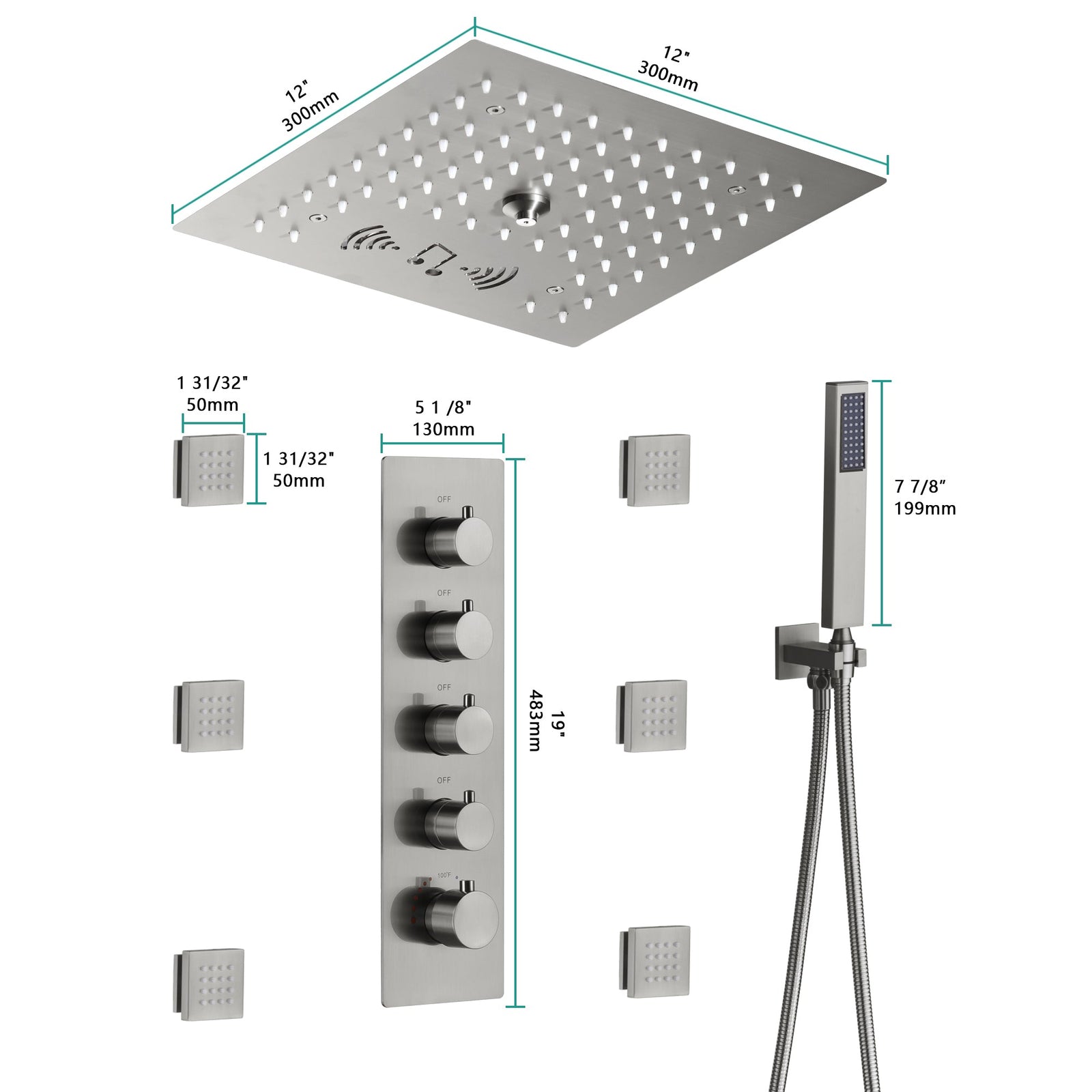 Grifo termostático para ducha empotrado de níquel cepillado de 12 pulgadas: control de 4 posiciones, iluminación LED de 64 colores, música con Bluetooth y rociadores corporales