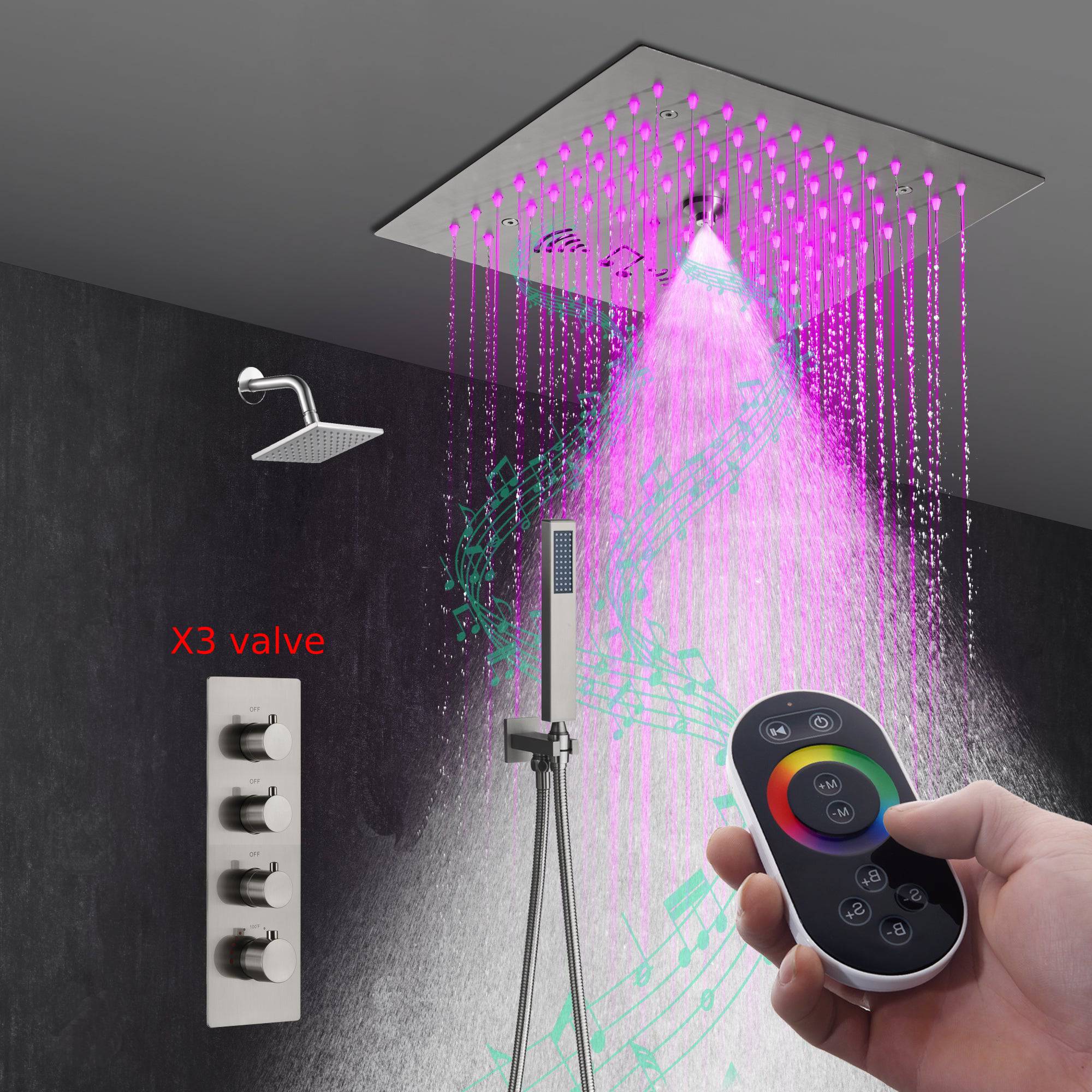 Grifo de ducha termostático de níquel cepillado de 12": control de 3 vías, LED, música Bluetooth, cabezal regular