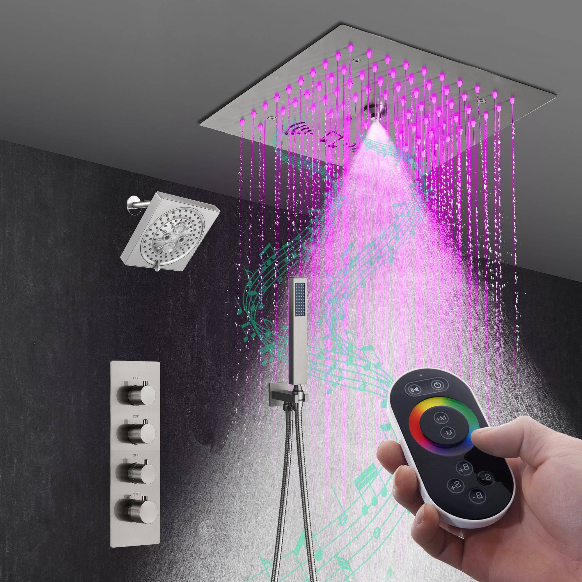 Grifo de ducha termostático de níquel cepillado de 12": control de 3 vías, LED, música Bluetooth, cabezal regular