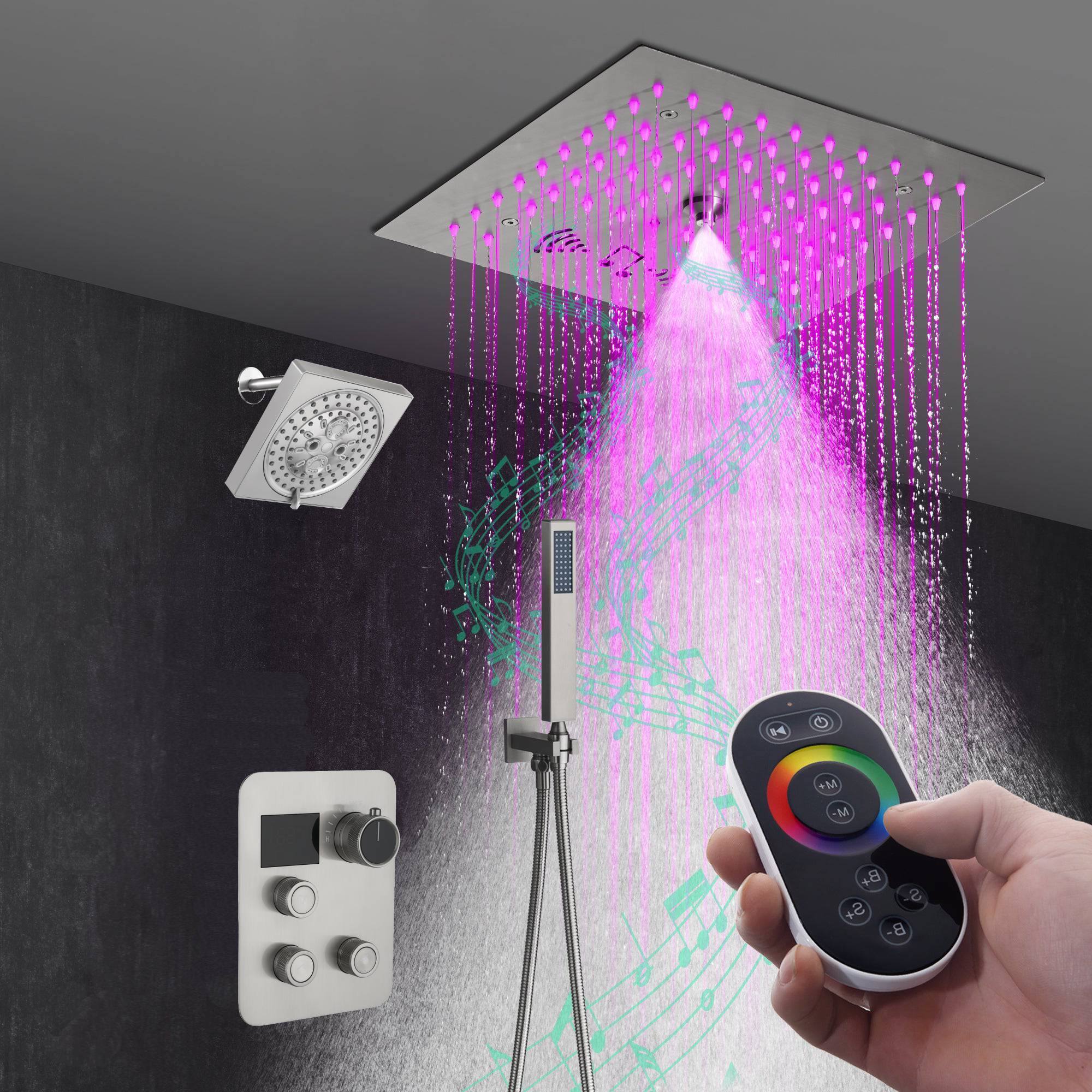 Grifo de ducha termostático de níquel cepillado de 12": control de 3 vías, LED, música Bluetooth, cabezal regular