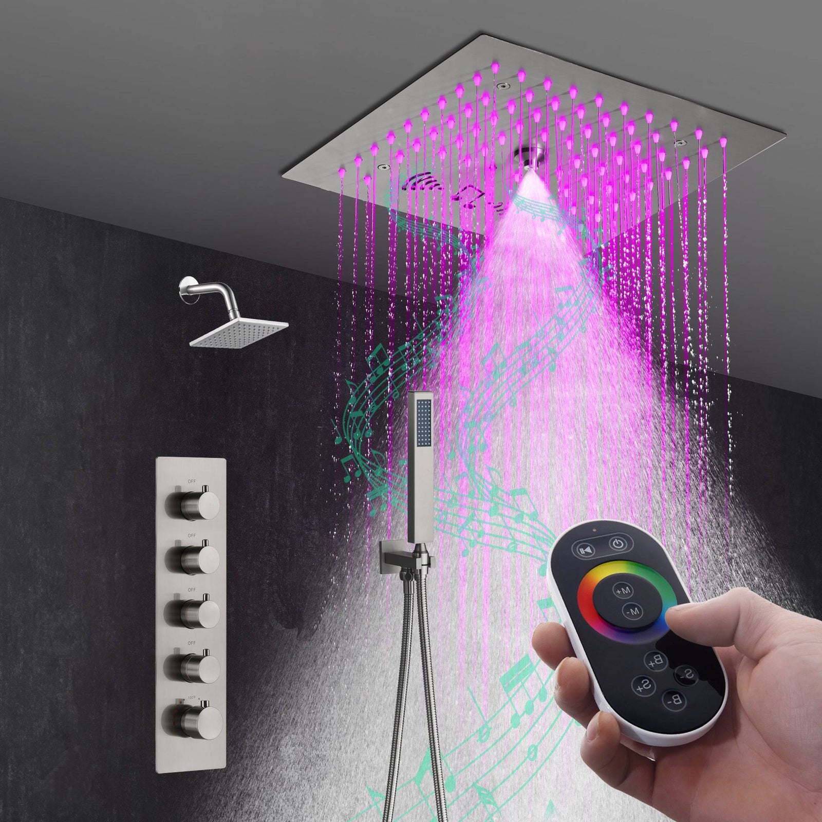 Grifo de ducha termostático de níquel cepillado de 12 pulgadas con montaje empotrado: control de 4 posiciones, LED de 64 colores, música Bluetooth y cabezal estándar 