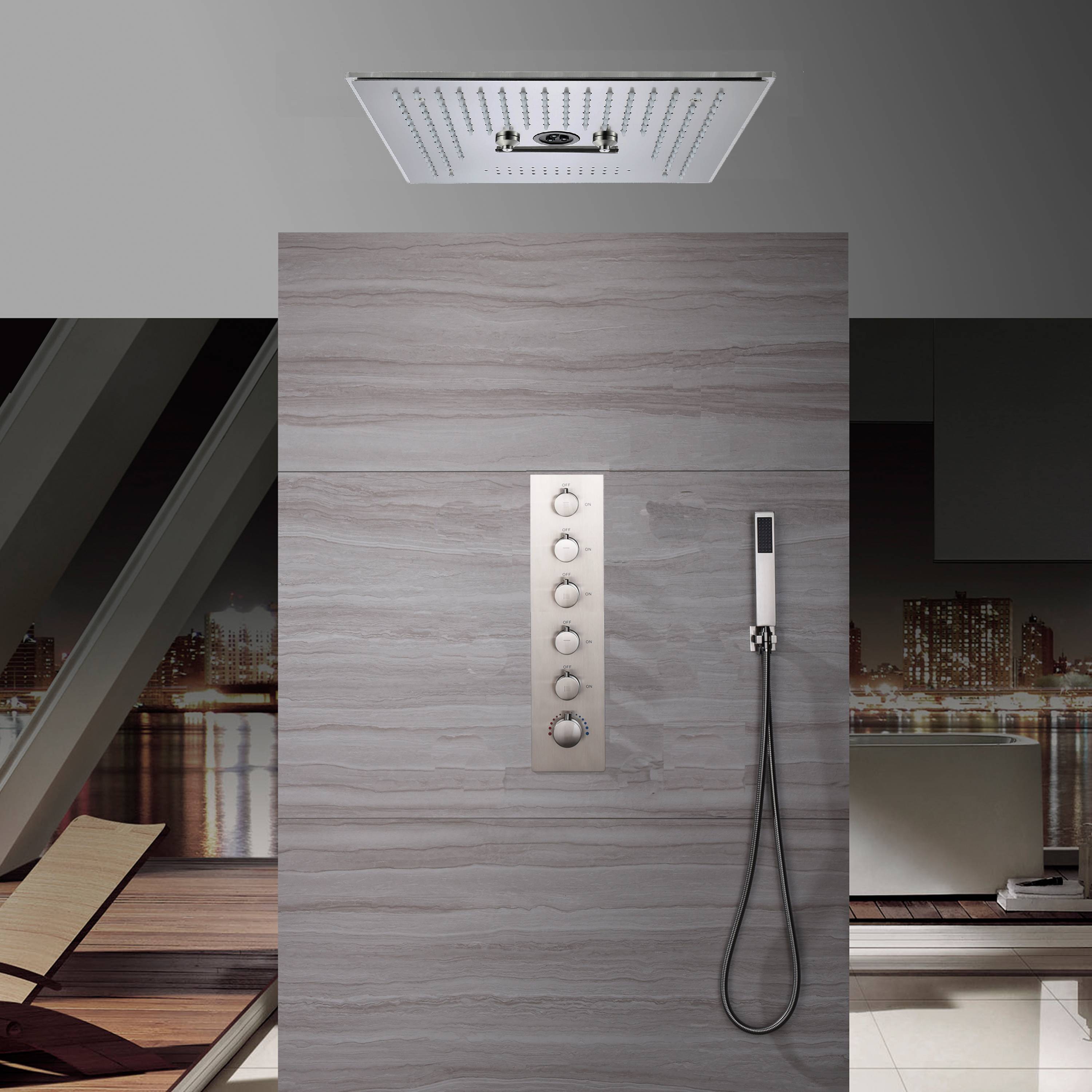 Sistema de ducha termostático digital de 5 posiciones con efecto lluvia, cascada y masaje con agua, de níquel cepillado, de 16 pulgadas, con 64 luces LED e integración de música por Bluetooth
