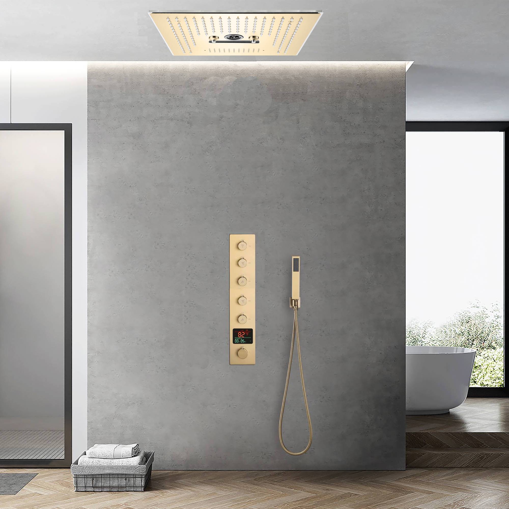 Cabezal de ducha de lluvia, cascada, niebla e hidromasaje de 16 pulgadas con montaje empotrado en oro cepillado con 64 luces LED y música Bluetooth - Grifo de ducha termostático de 5 vías con pantalla digital opcional