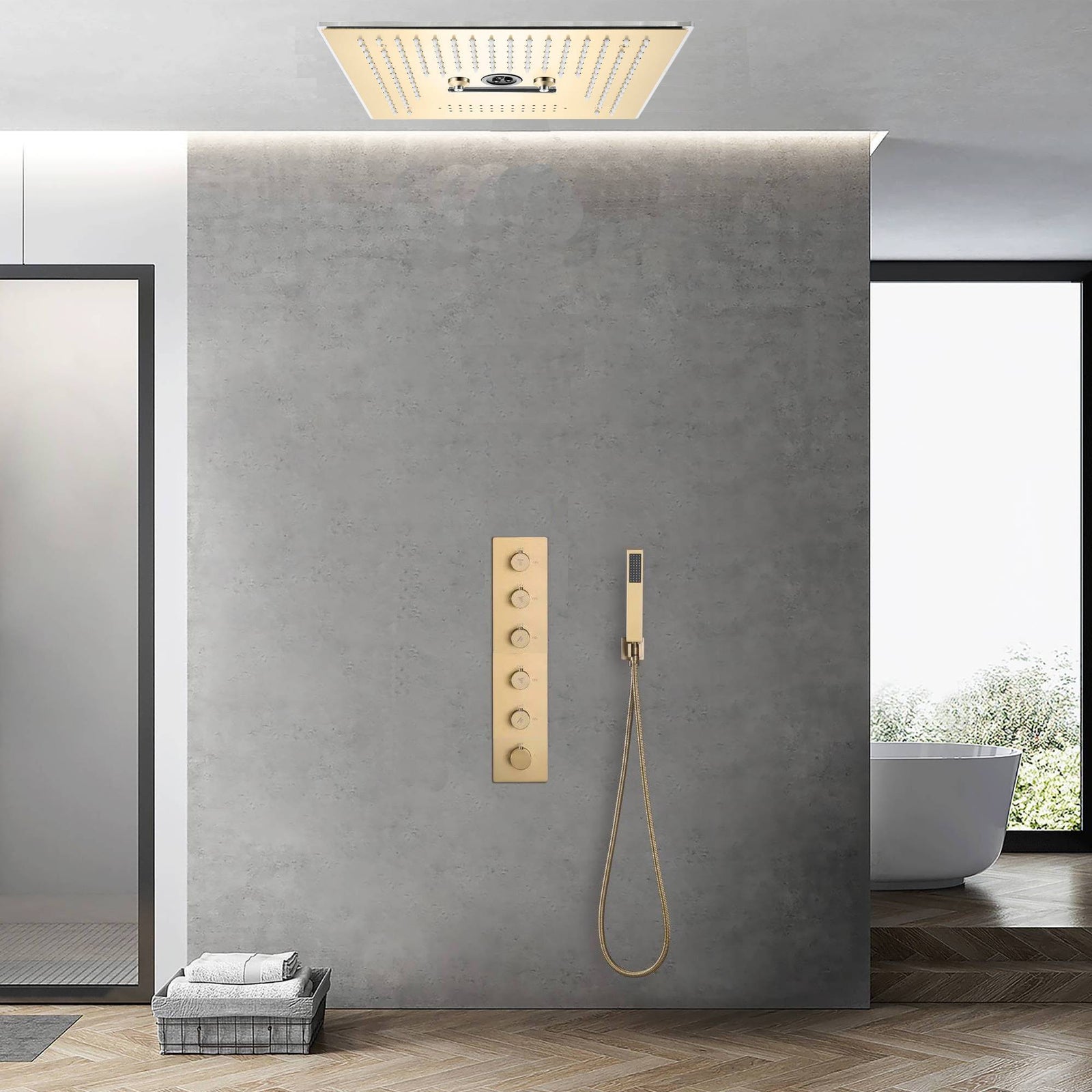 Cabezal de ducha de lluvia, cascada, niebla e hidromasaje de 16 pulgadas con montaje empotrado en oro cepillado con 64 luces LED y música Bluetooth - Grifo de ducha termostático de 5 vías con pantalla digital opcional