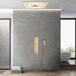 Cabezal de ducha de lluvia, cascada, niebla e hidromasaje de 16 pulgadas con montaje empotrado en oro cepillado con 64 luces LED y música Bluetooth - Grifo de ducha termostático de 5 vías con pantalla digital opcional