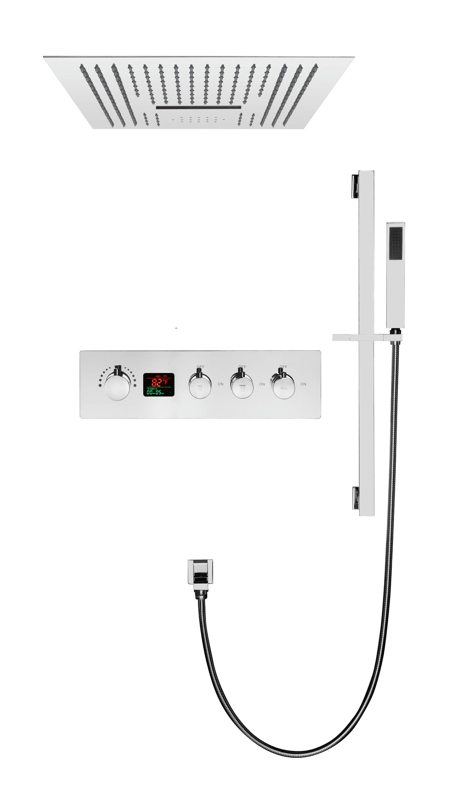 Sistema de ducha termostático digital cromado de 16 pulgadas: control de 3 vías, montaje empotrado, iluminación LED de 64 colores, música Bluetooth, función de lluvia y cascada.