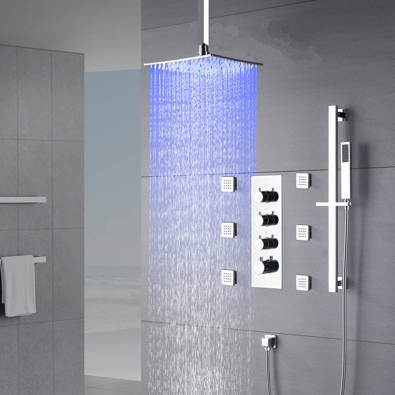 Grifo de ducha termostático de 3 vías con luz LED de 12 pulgadas, cromado, para montaje en techo, con 6 chorros corporales y barra deslizante