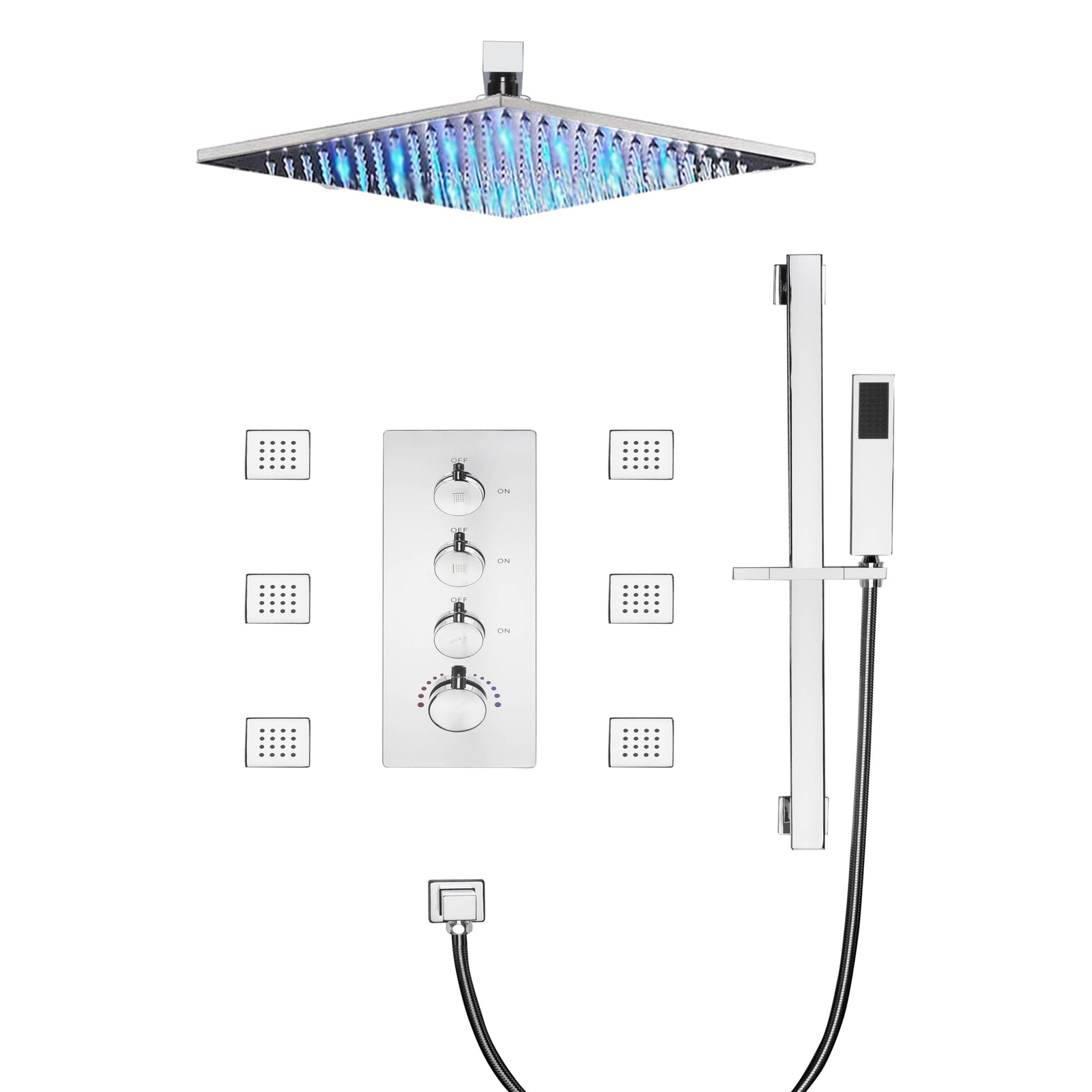 Grifo de ducha termostático de 3 vías con luz LED de 12 pulgadas, cromado, para montaje en techo, con 6 chorros corporales y barra deslizante