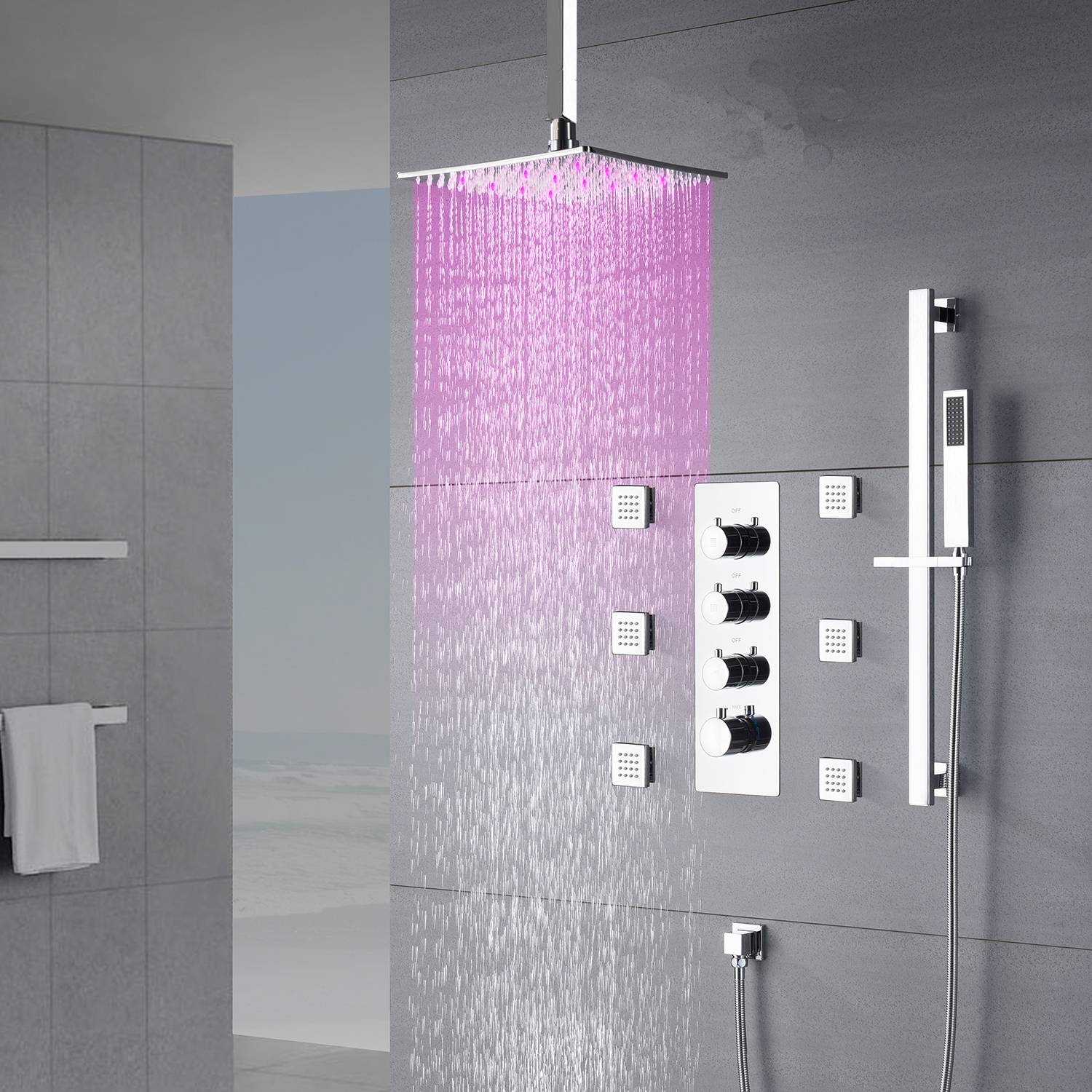 Grifo de ducha termostático de 3 vías con luz LED de 12 pulgadas, cromado, para montaje en techo, con 6 chorros corporales y barra deslizante