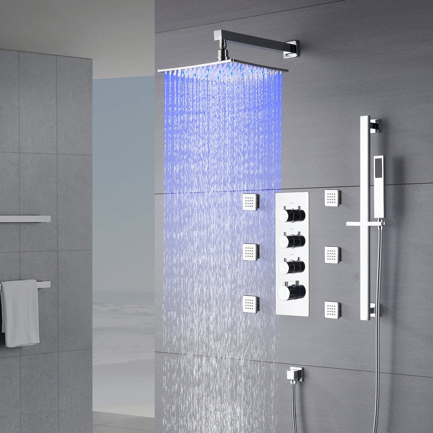 Grifo de ducha termostático de 3 vías con montaje en pared, luz LED cromada de 12 pulgadas, 6 chorros corporales y barra deslizante