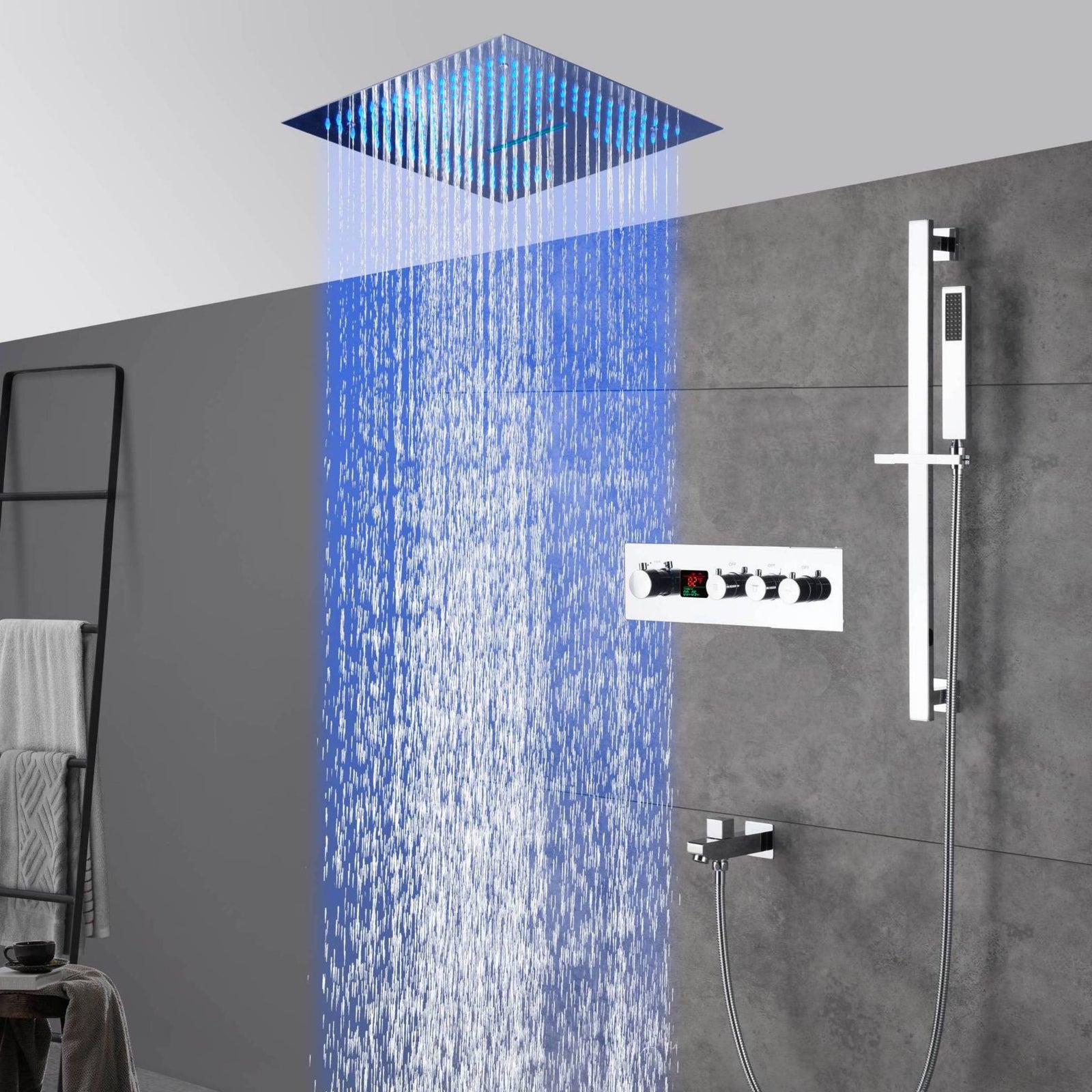 Sistema de ducha termostático digital cromado de 16 pulgadas: control de 3 vías, montaje empotrado, iluminación LED de 64 colores, música Bluetooth, función de lluvia y cascada.