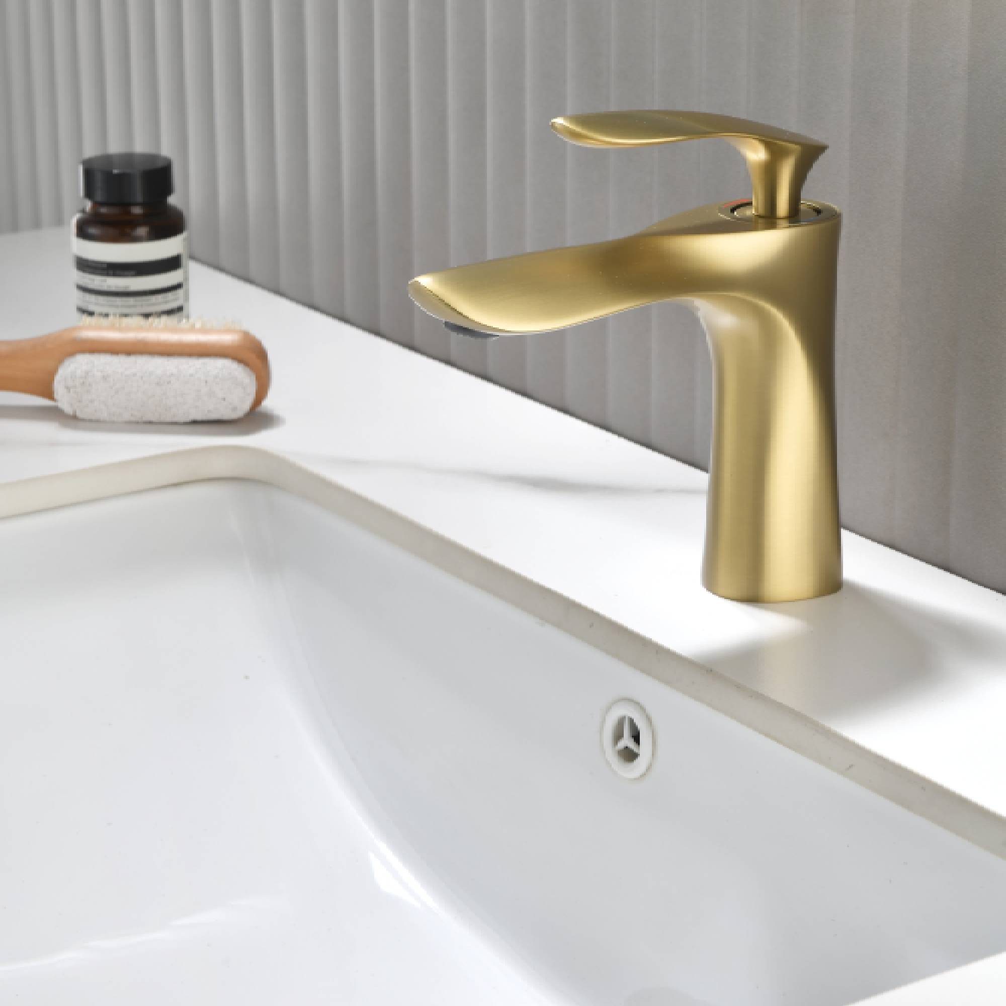Grifo para lavabo de baño de oro cepillado de una sola manija con drenaje de latón emergente antidesbordamiento