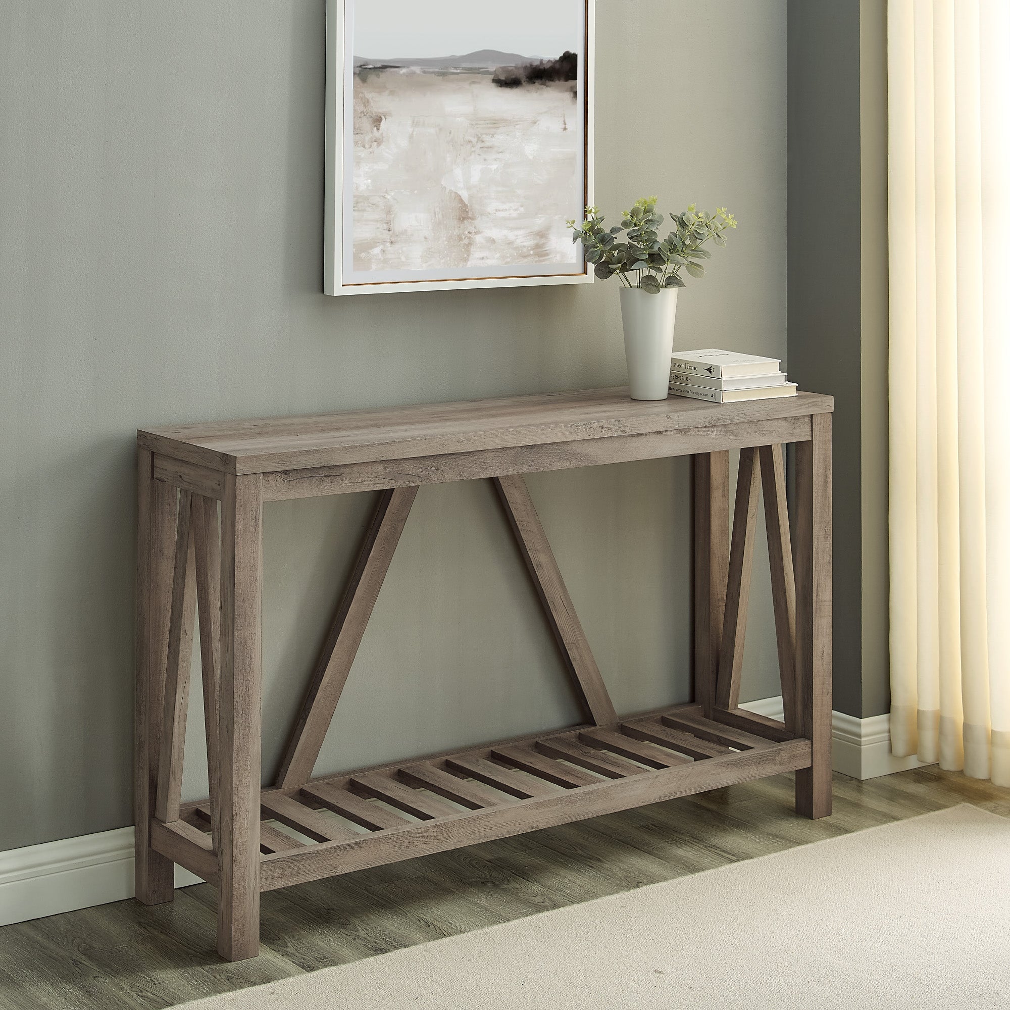 Mesa de entrada rústica con estructura en forma de A