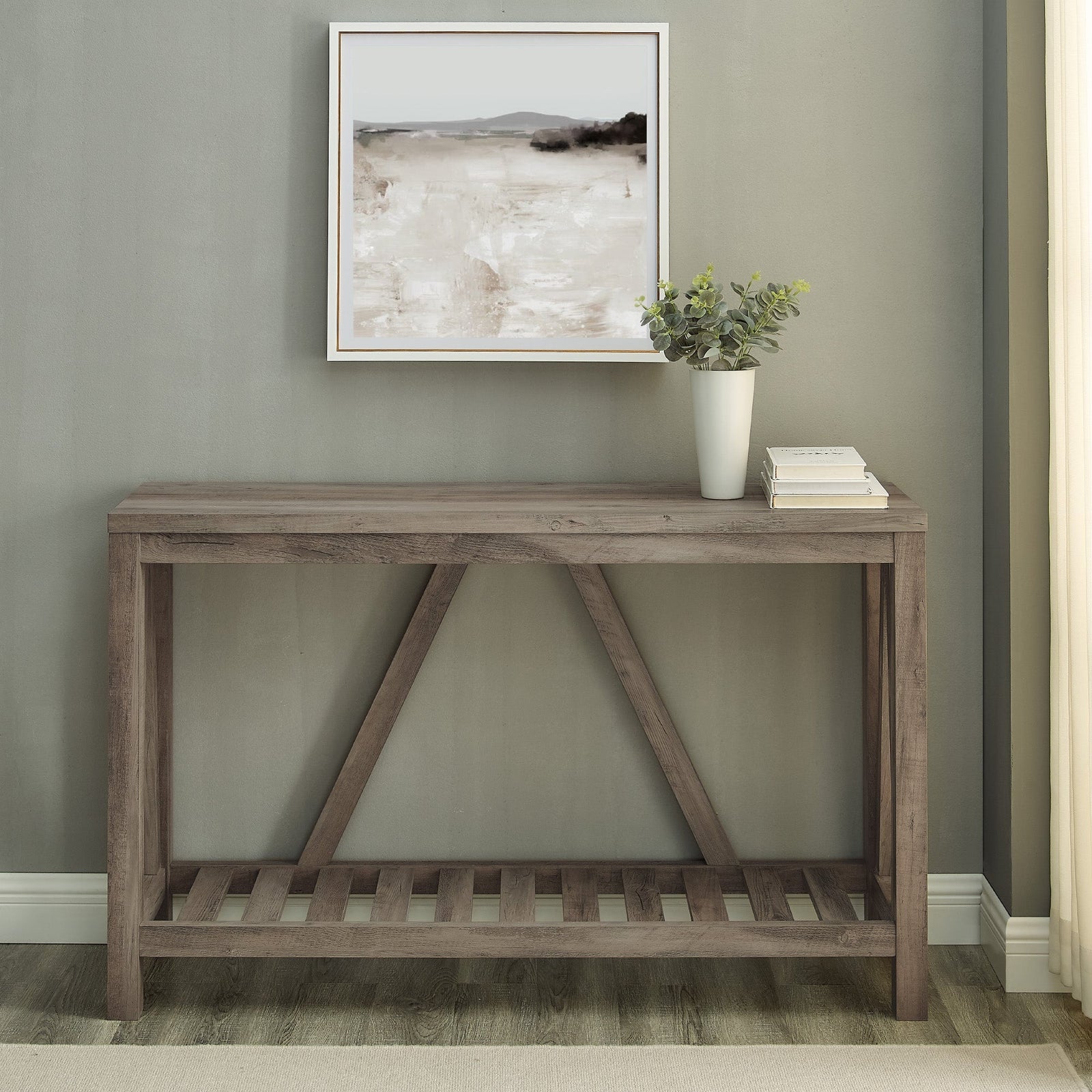 Mesa de entrada rústica con estructura en forma de A