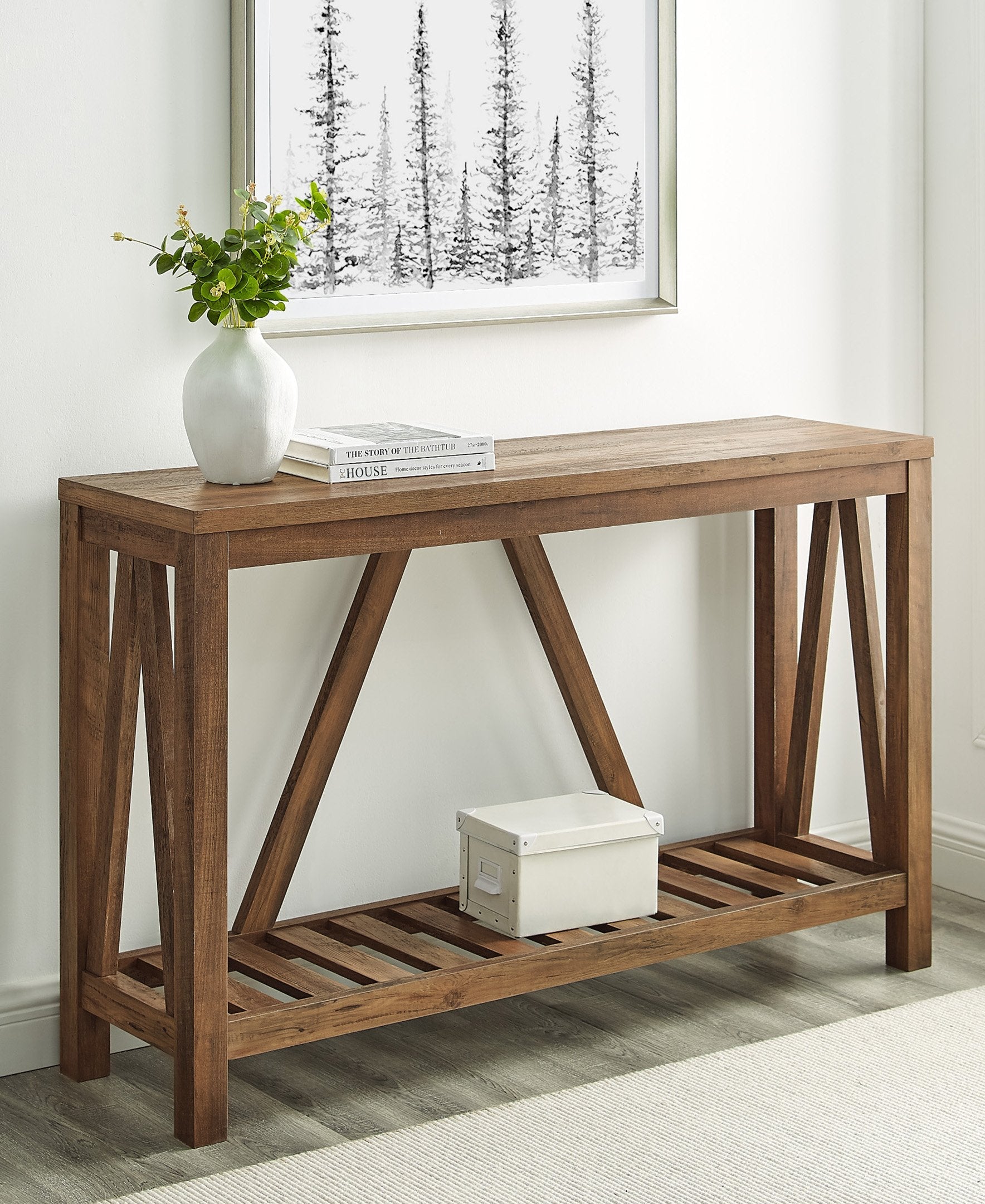 Mesa de entrada rústica con estructura en forma de A