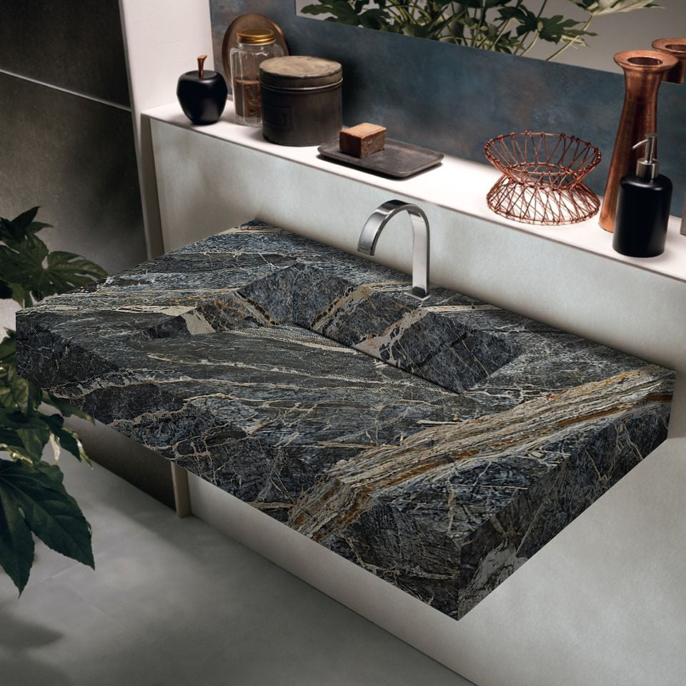 Lavabo rectangular moderno de mármol negro Adriatic para baño montado en la pared (ancho) 16
