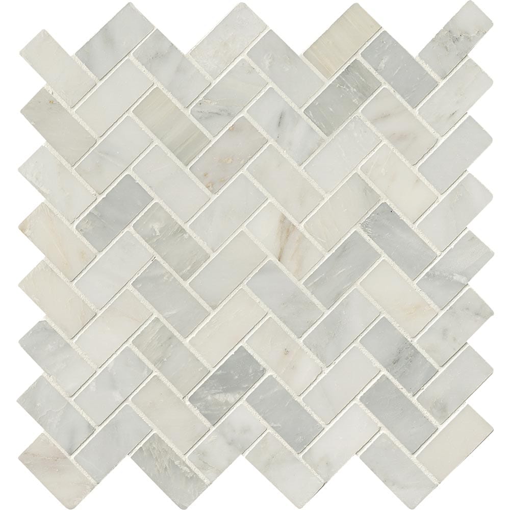 Mosaico de mármol pulido con diseño de espiga Arabescato Carrara de 29,5 x 29,5 cm, montado en malla - Colección MSI