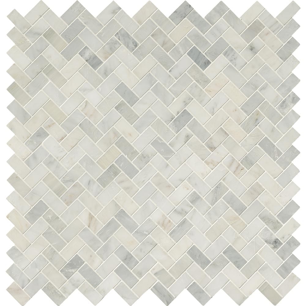 Mosaico de mármol pulido con diseño de espiga Arabescato Carrara de 29,5 x 29,5 cm, montado en malla - Colección MSI