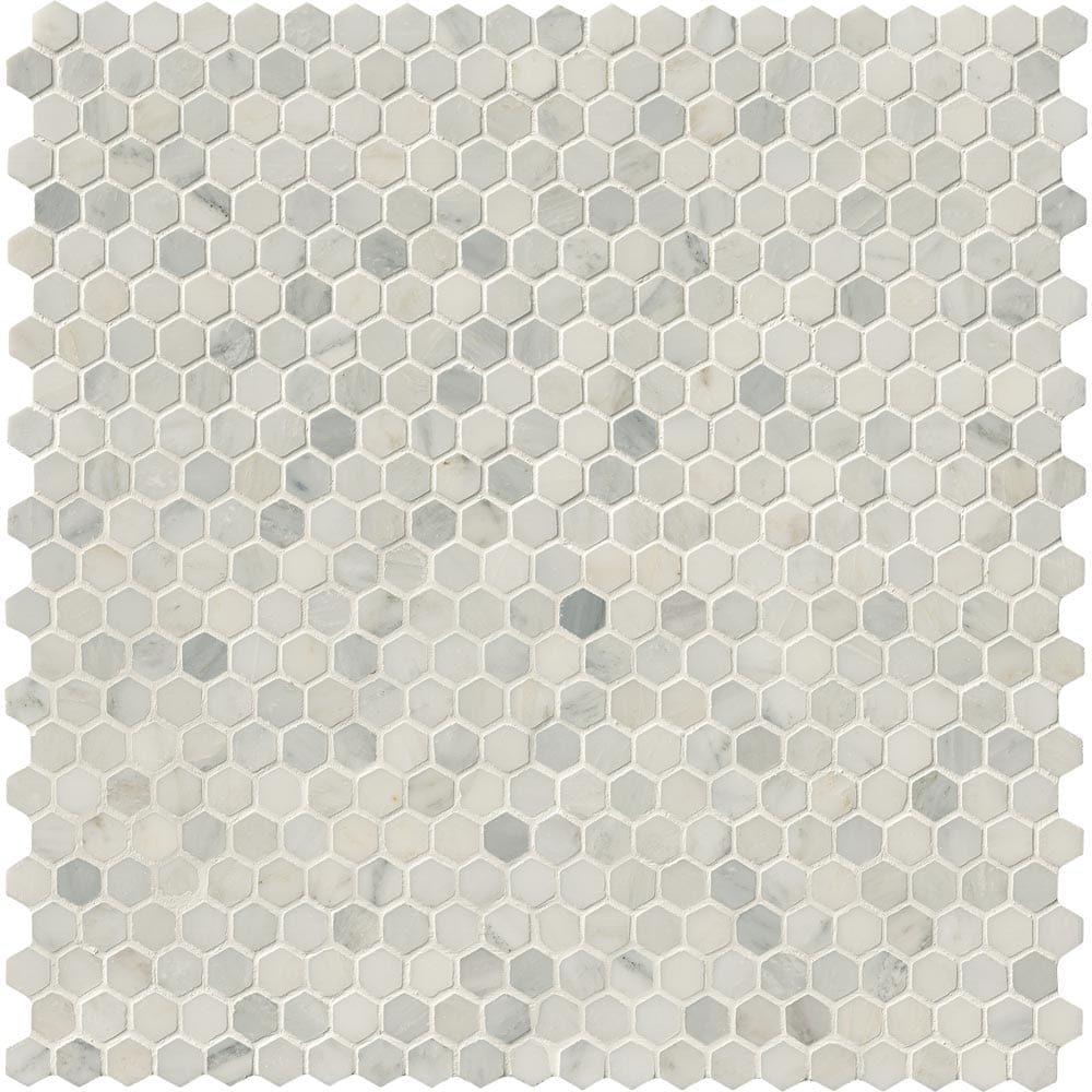 Mosaico hexagonal de mármol pulido Arabescato Carrara de 28 x 29 cm, montado sobre malla - Colección MSI
