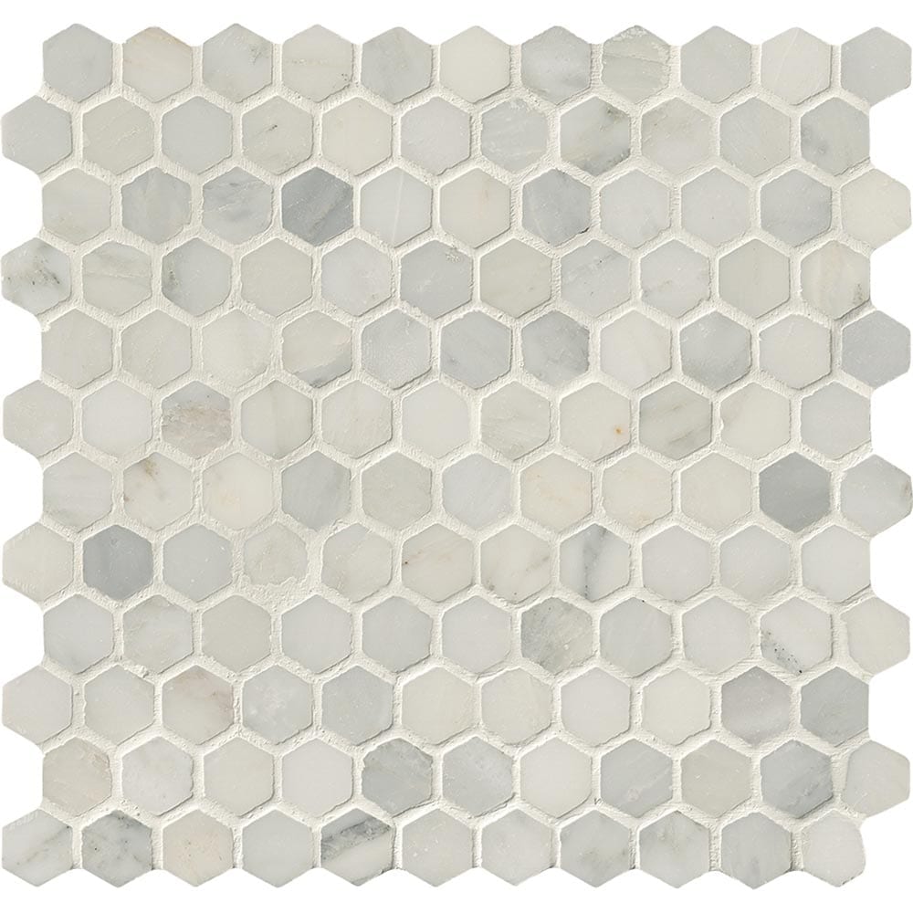 Mosaico hexagonal de mármol pulido Arabescato Carrara de 28 x 29 cm, montado sobre malla - Colección MSI