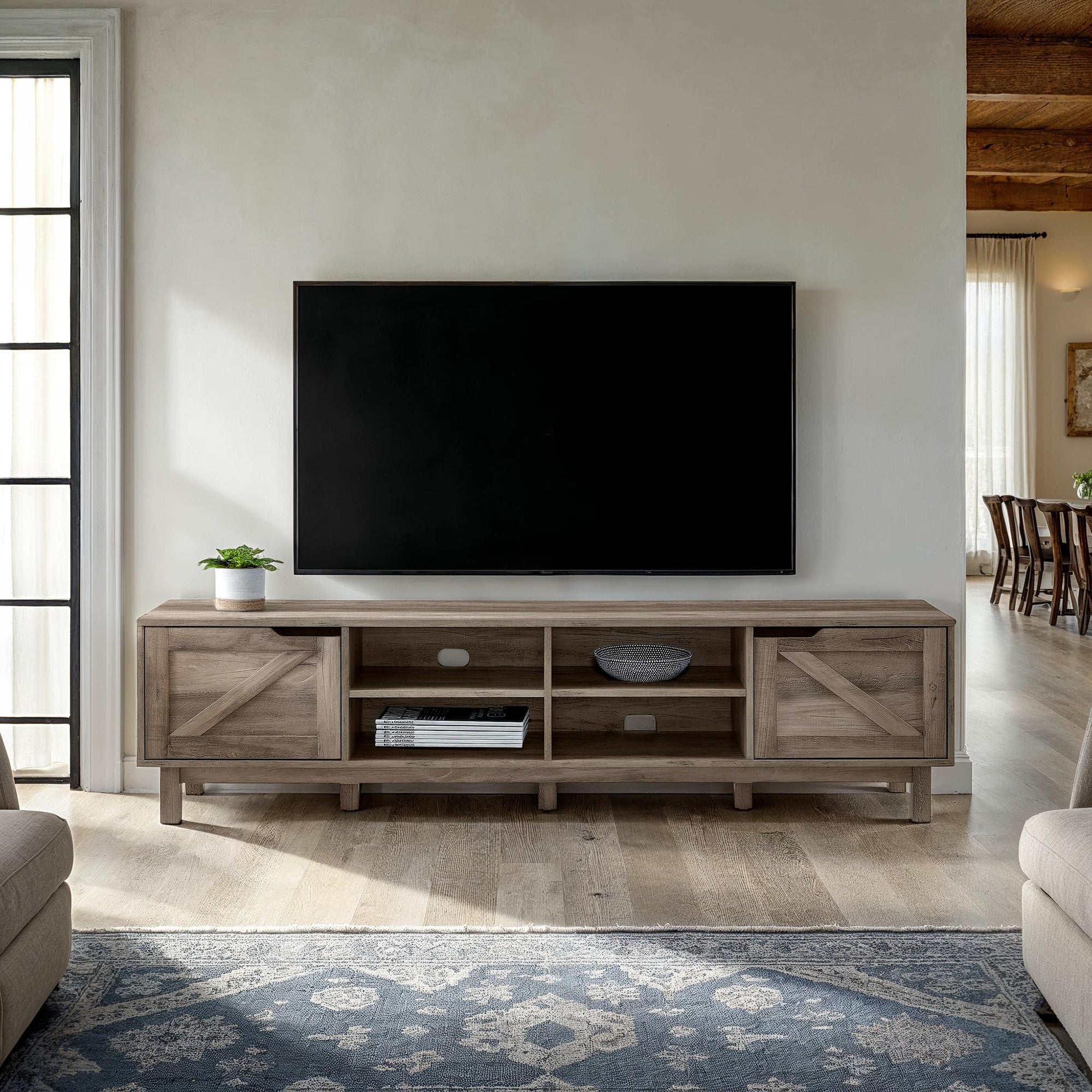 Mueble de TV rústico de 70" con puerta de granero