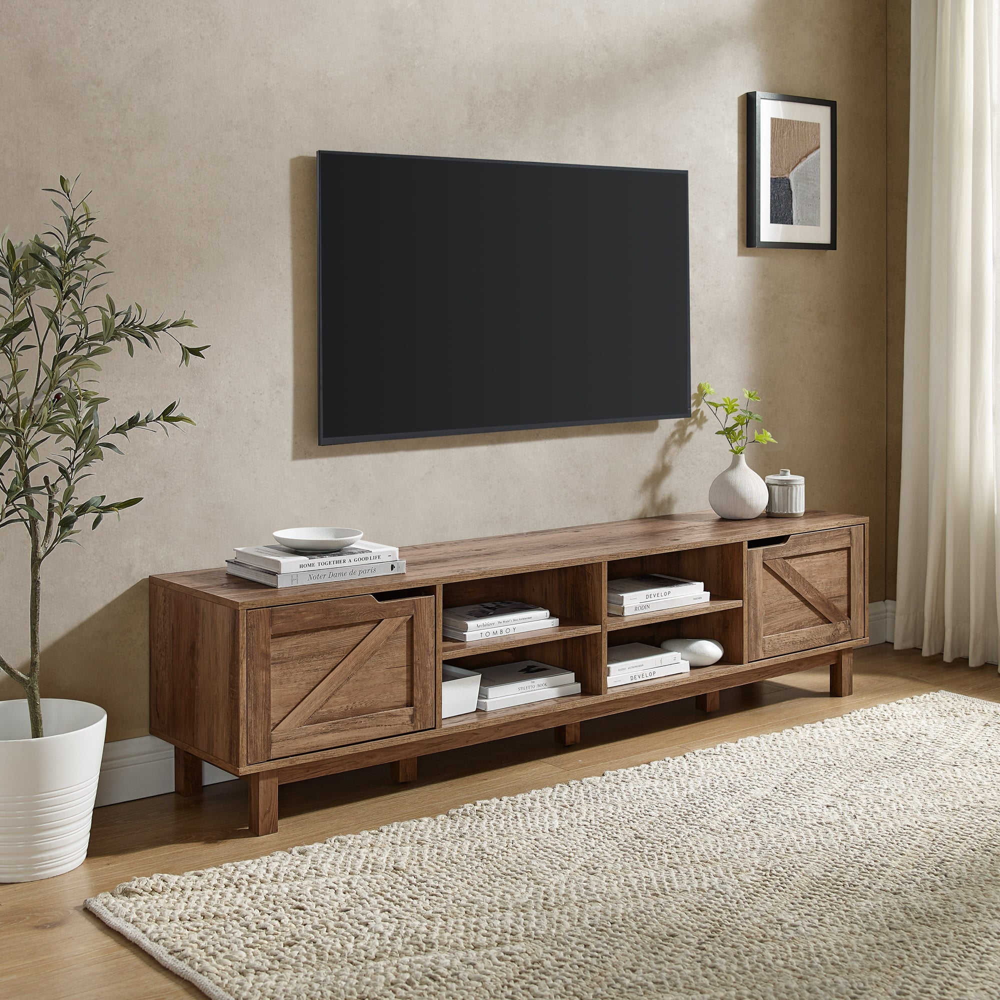 Mueble de TV rústico de 70" con puerta de granero