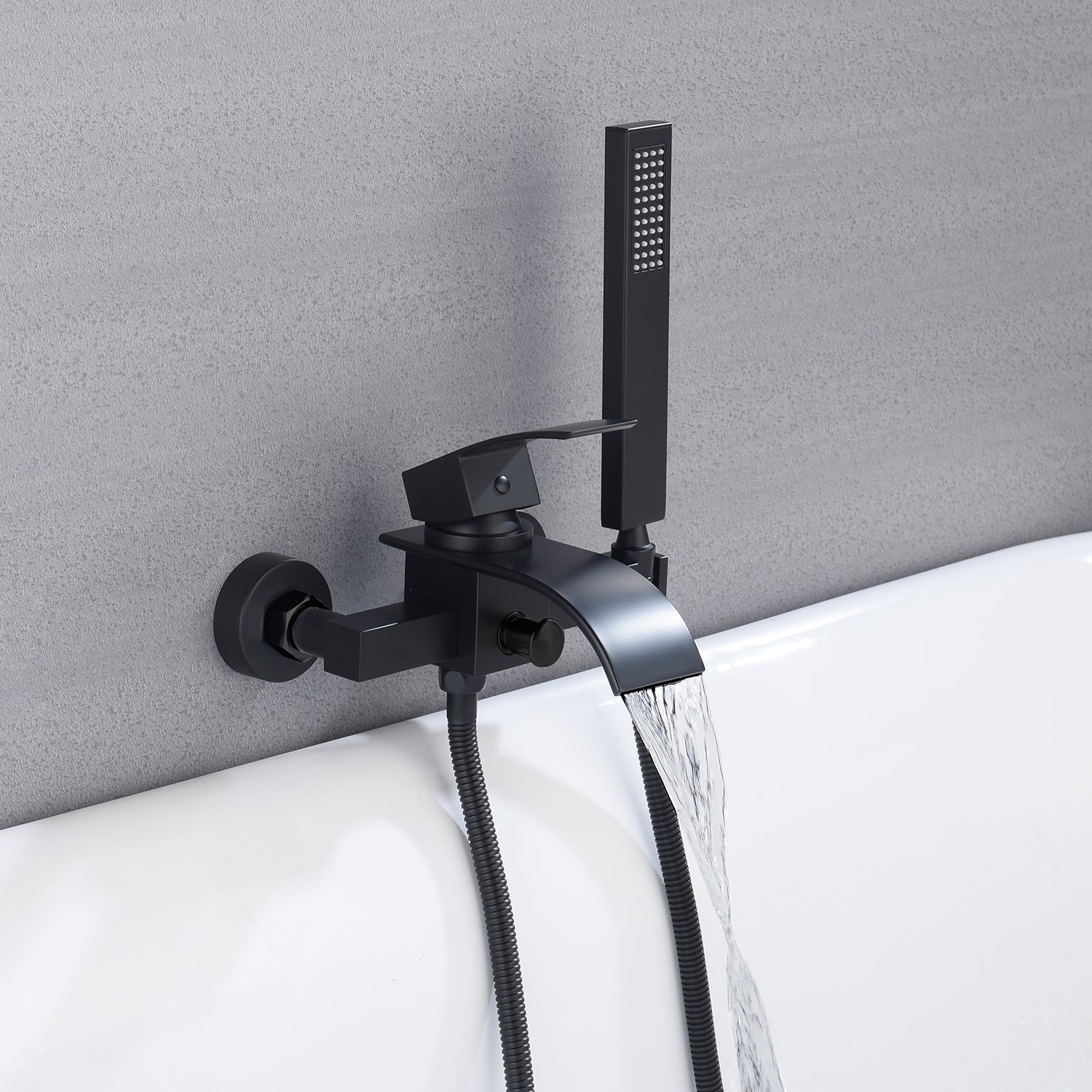 Grifo de bañera con ducha de mano y montaje en pared en cascada, color negro mate