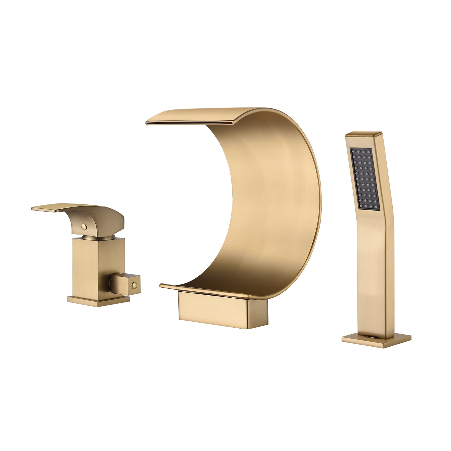 Grifo mezclador de cascada para bañera de oro cepillado con ducha de mano para montaje en cubierta 