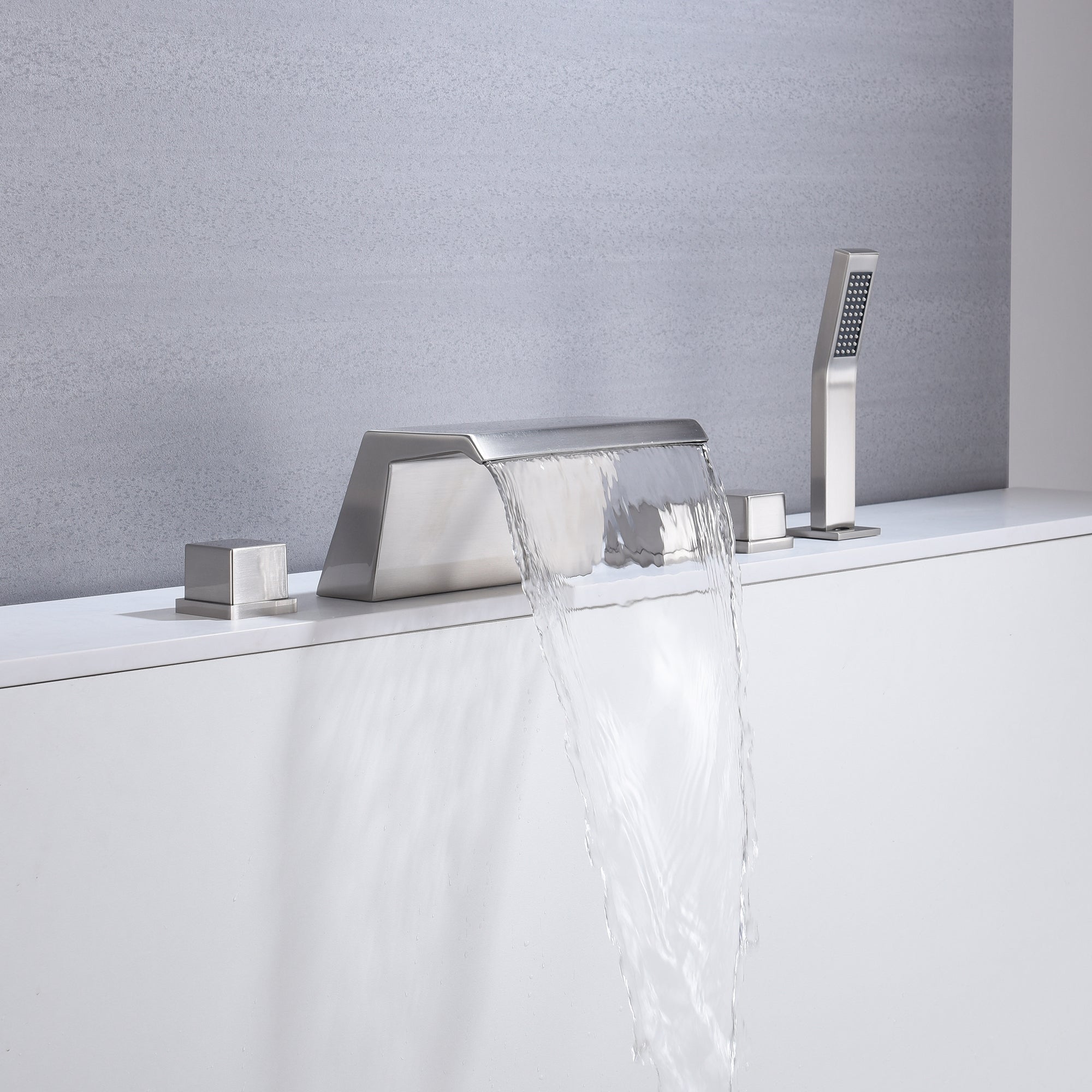 Grifo para bañera con cascada, grifo para bañera de níquel cepillado, 5 orificios, 3 manijas, latón macizo, grifo para bañera, grifo mezclador con ducha de mano