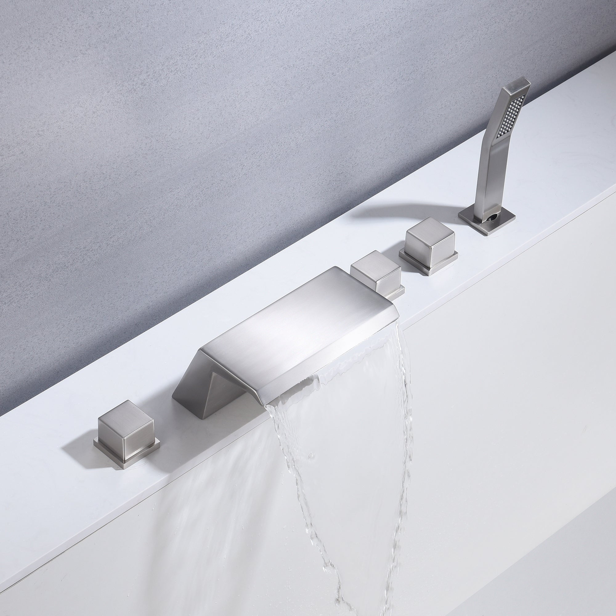 Grifo para bañera con cascada, grifo para bañera de níquel cepillado, 5 orificios, 3 manijas, latón macizo, grifo para bañera, grifo mezclador con ducha de mano