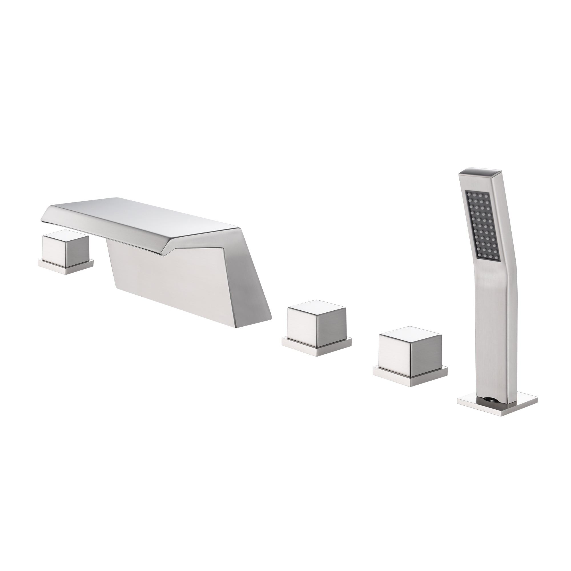 Grifo para bañera con cascada, grifo para bañera de níquel cepillado, 5 orificios, 3 manijas, latón macizo, grifo para bañera, grifo mezclador con ducha de mano