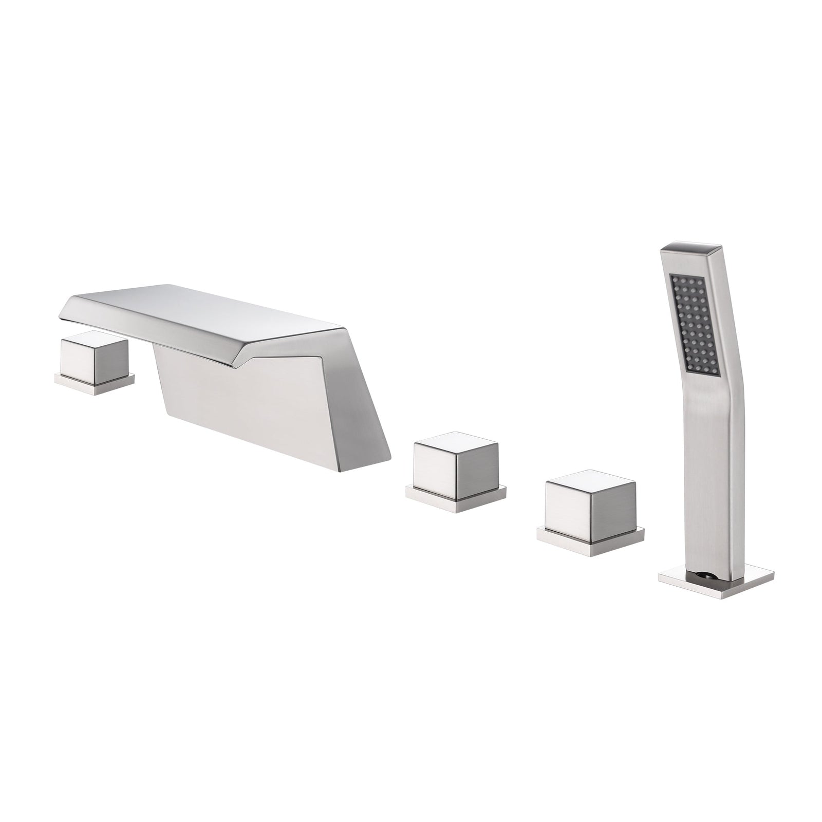 Grifo para bañera con cascada, grifo para bañera de níquel cepillado, 5 orificios, 3 manijas, latón macizo, grifo para bañera, grifo mezclador con ducha de mano