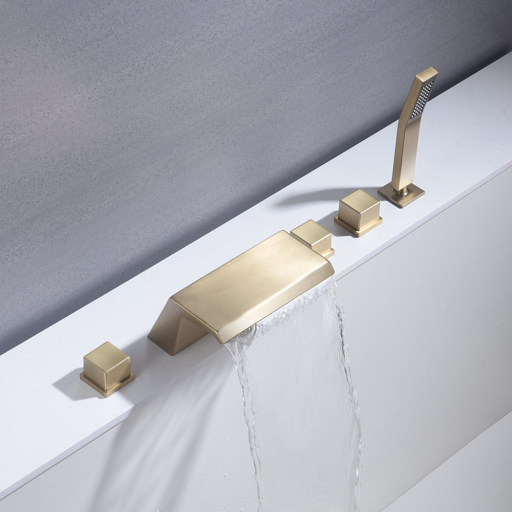 Grifo de bañera con cascada, grifo de baño de latón macizo de 5 orificios y 3 manijas, grifo mezclador para bañera con ducha de mano