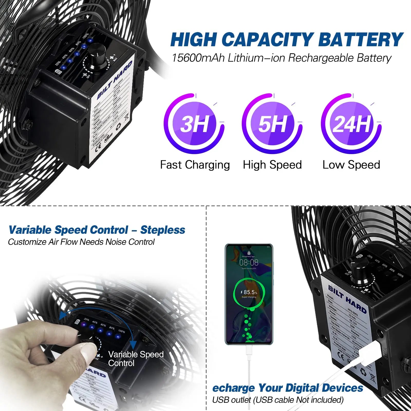 Ventilador de piso exterior recargable BILT HARD de 12" - Alta velocidad, portátil, funciona todo el día 