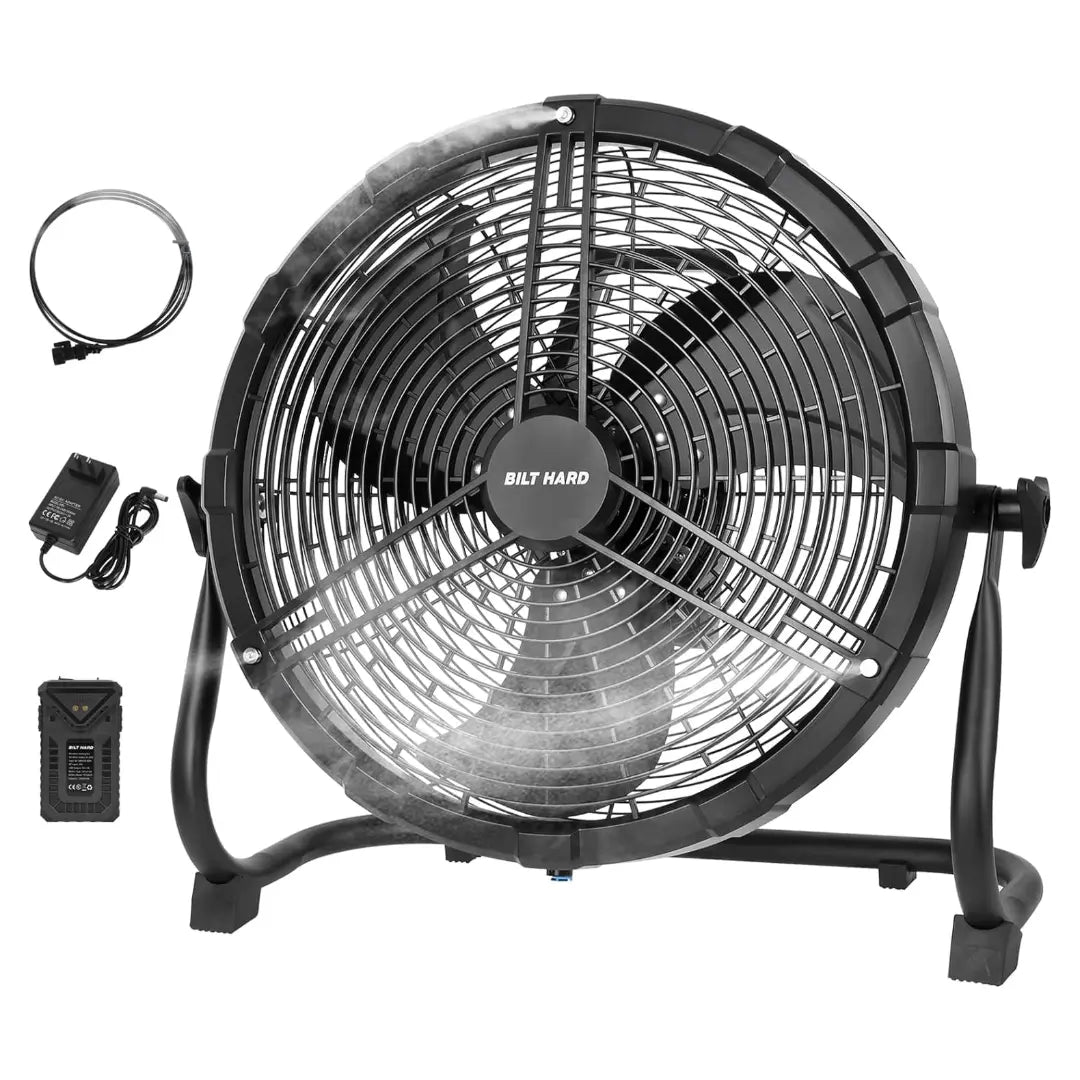 Ventilador nebulizador exterior BILT HARD de 16": Funciona con batería extraíble de 15600 mAh y función nebulizadora. 